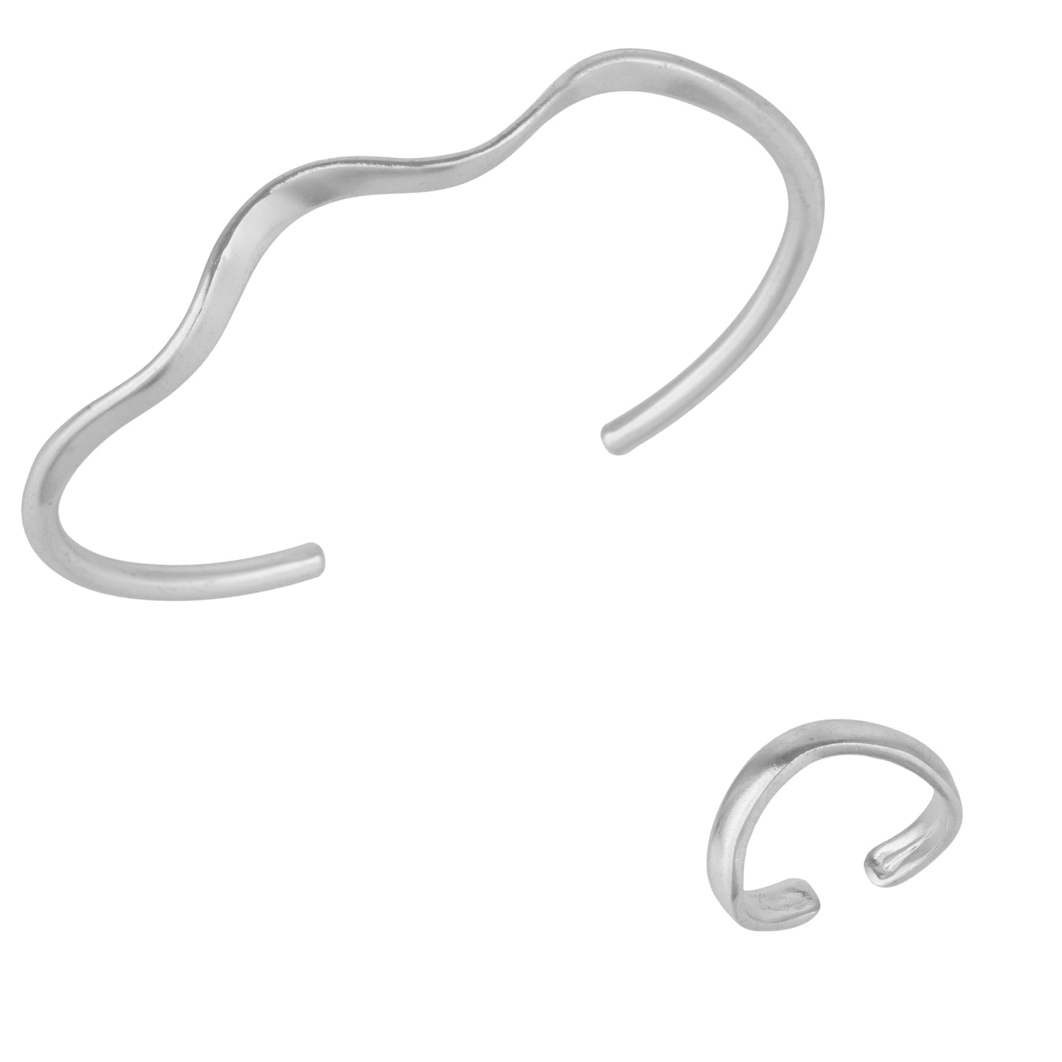 Molten Wavy Cuff Bangle Silver Bracelet & Elegance Silver Wavy Ring Set