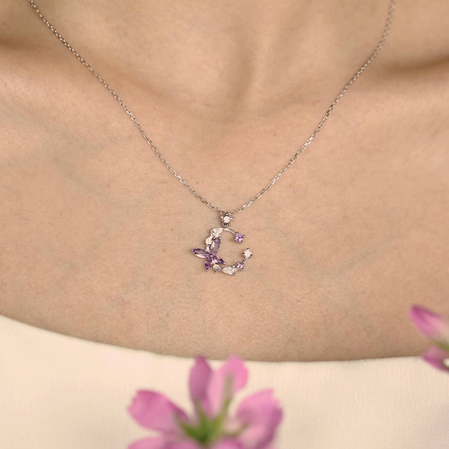 Monarch Butterfly Amethyst Opal Necklace White Gold Vermeil