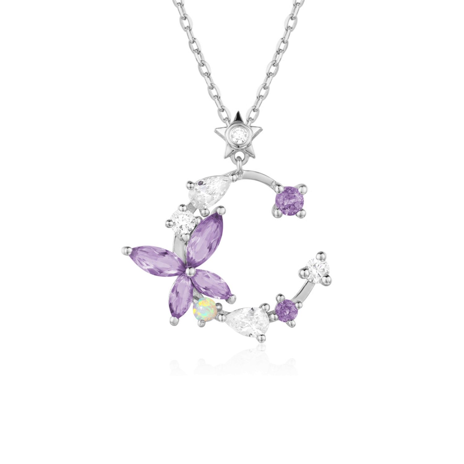 Monarch Butterfly Amethyst Opal Necklace White Gold Vermeil