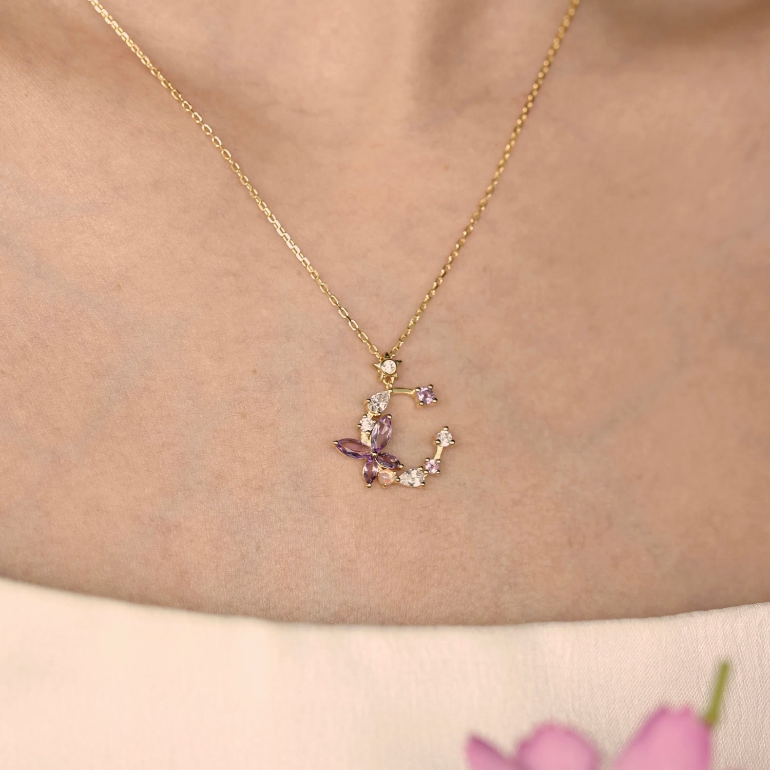 Monarch Butterfly Amethyst Opal Necklace Yellow Gold Vermeil