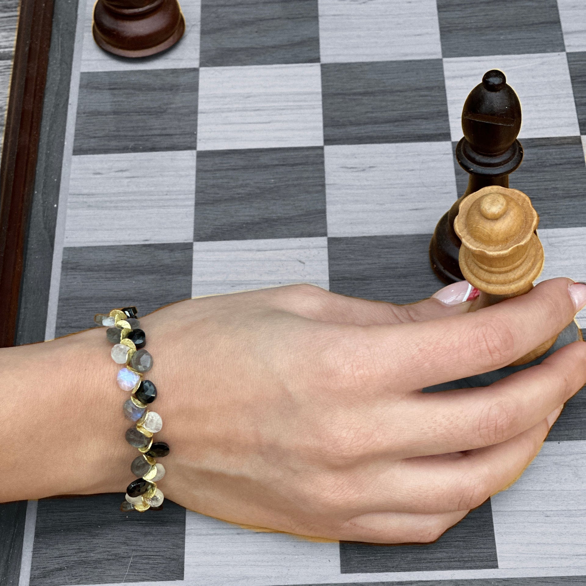 Monochromatic Moonstone Spinel Labradorite Signature Gold Bracelet