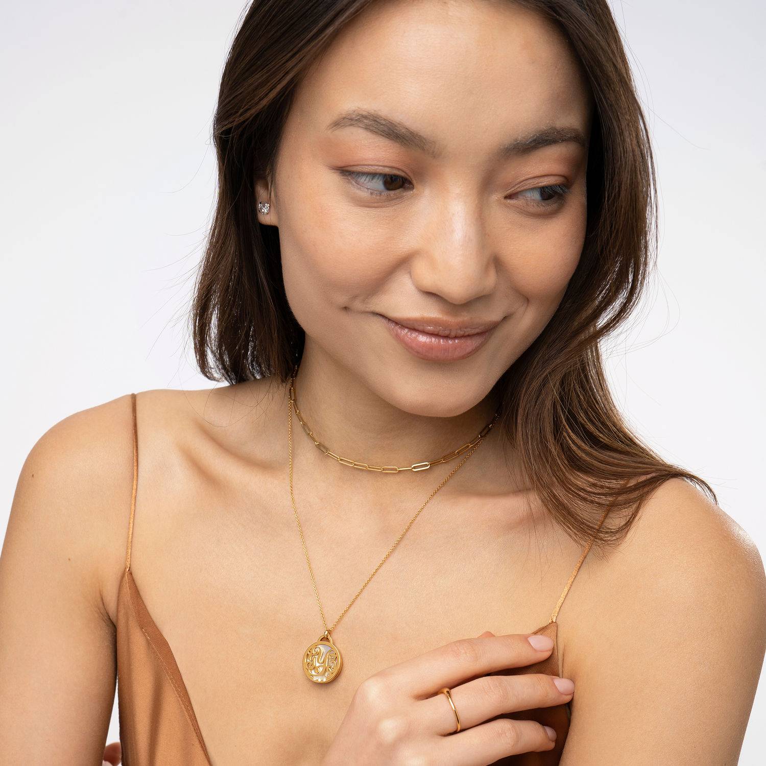 Monogram Necklace with Semi-Precious Stone and 0.01CT Diamonds in 18K Gold Plating