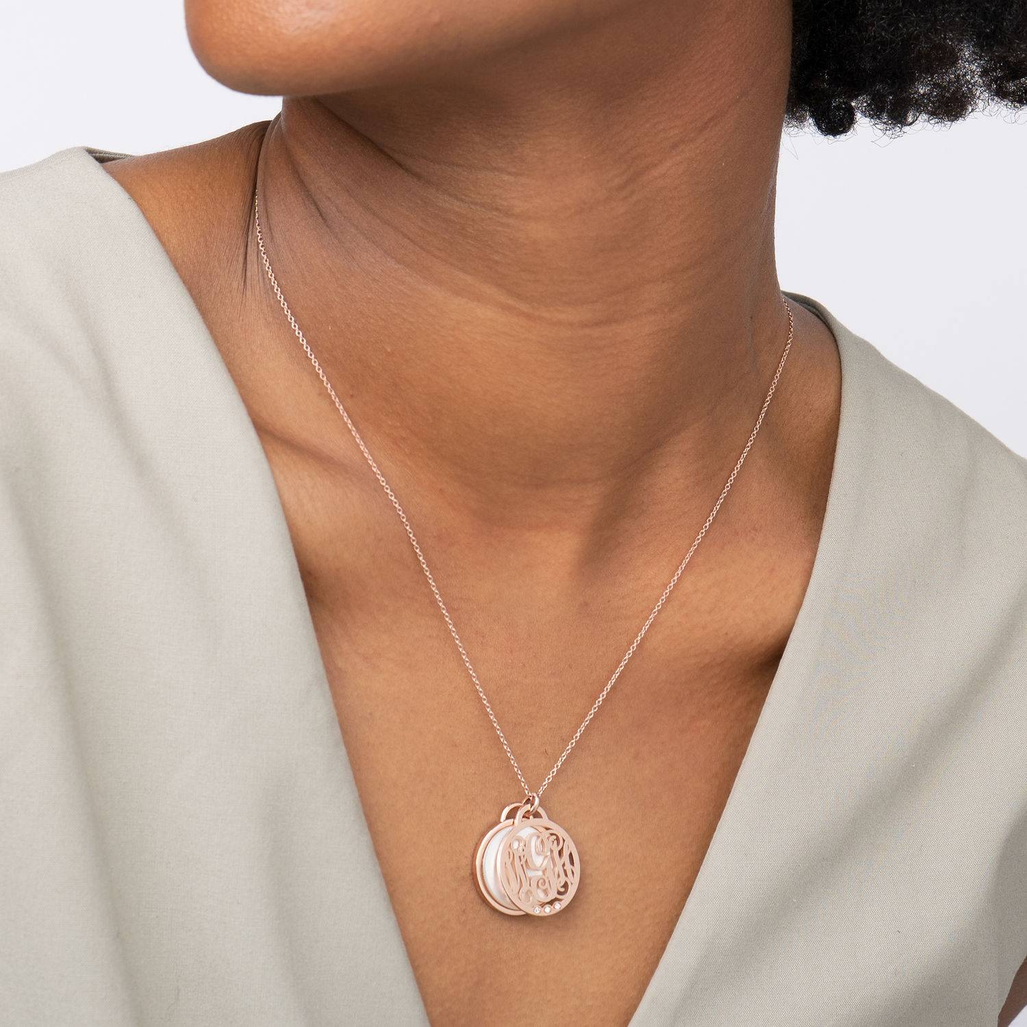Monogram Initials Necklace with Semi-Precious Stone and Diamonds in 18K Rose Gold Vermeil