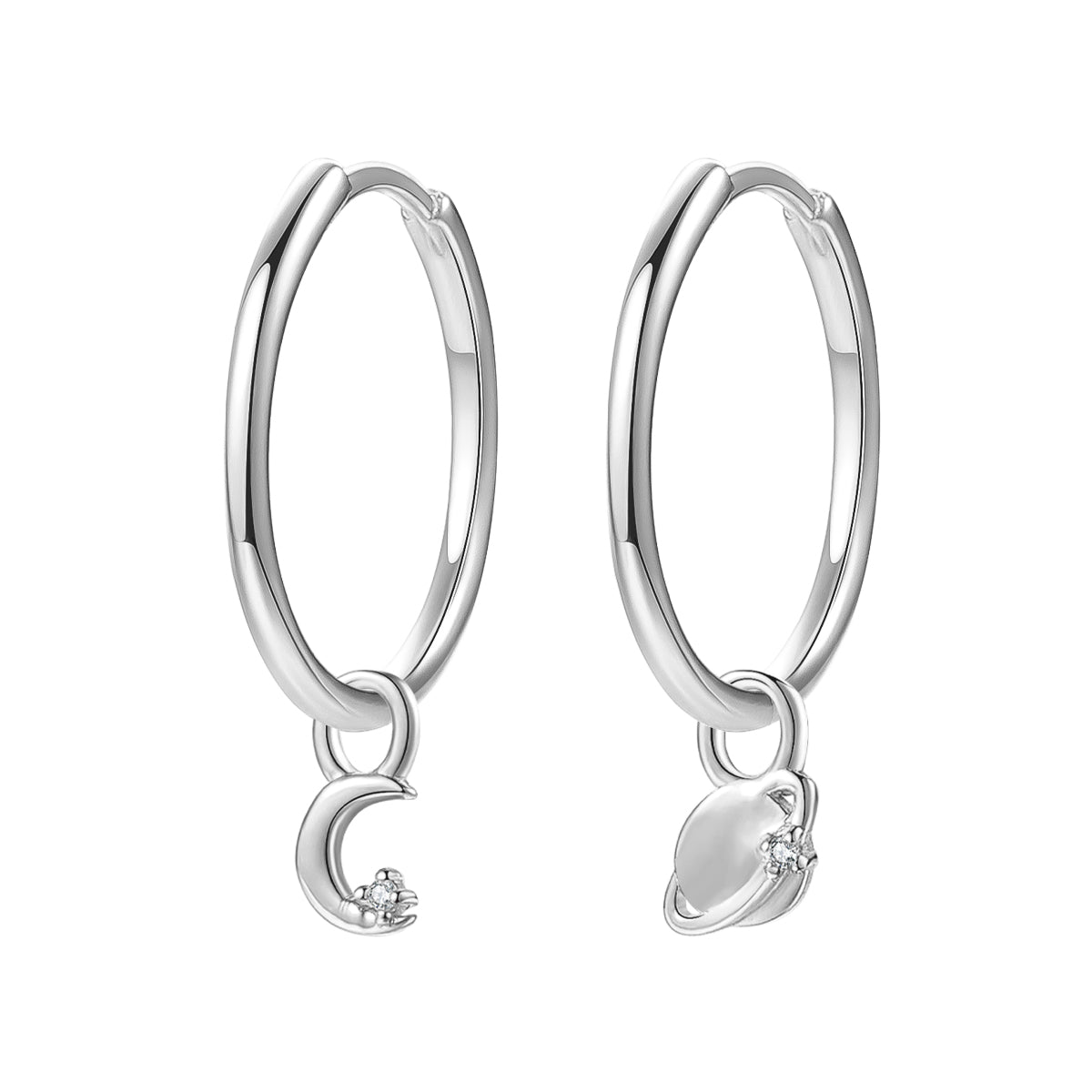 Moon and Planet Charm Hoop Earrings Sterling Silver