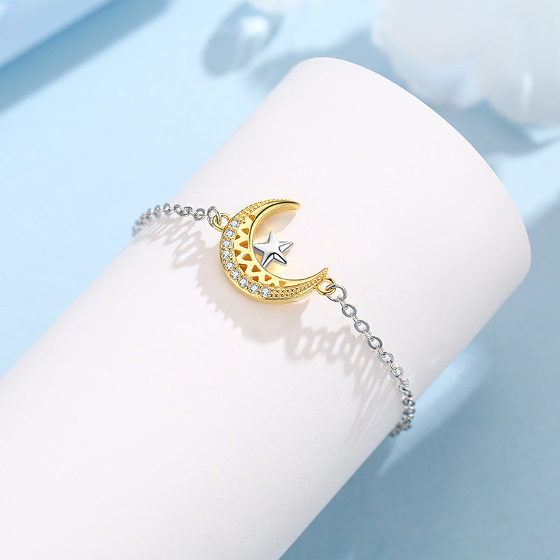 Sterling Silver Two-tone Cubic Zirconia Moon & Star Charm Bracelet