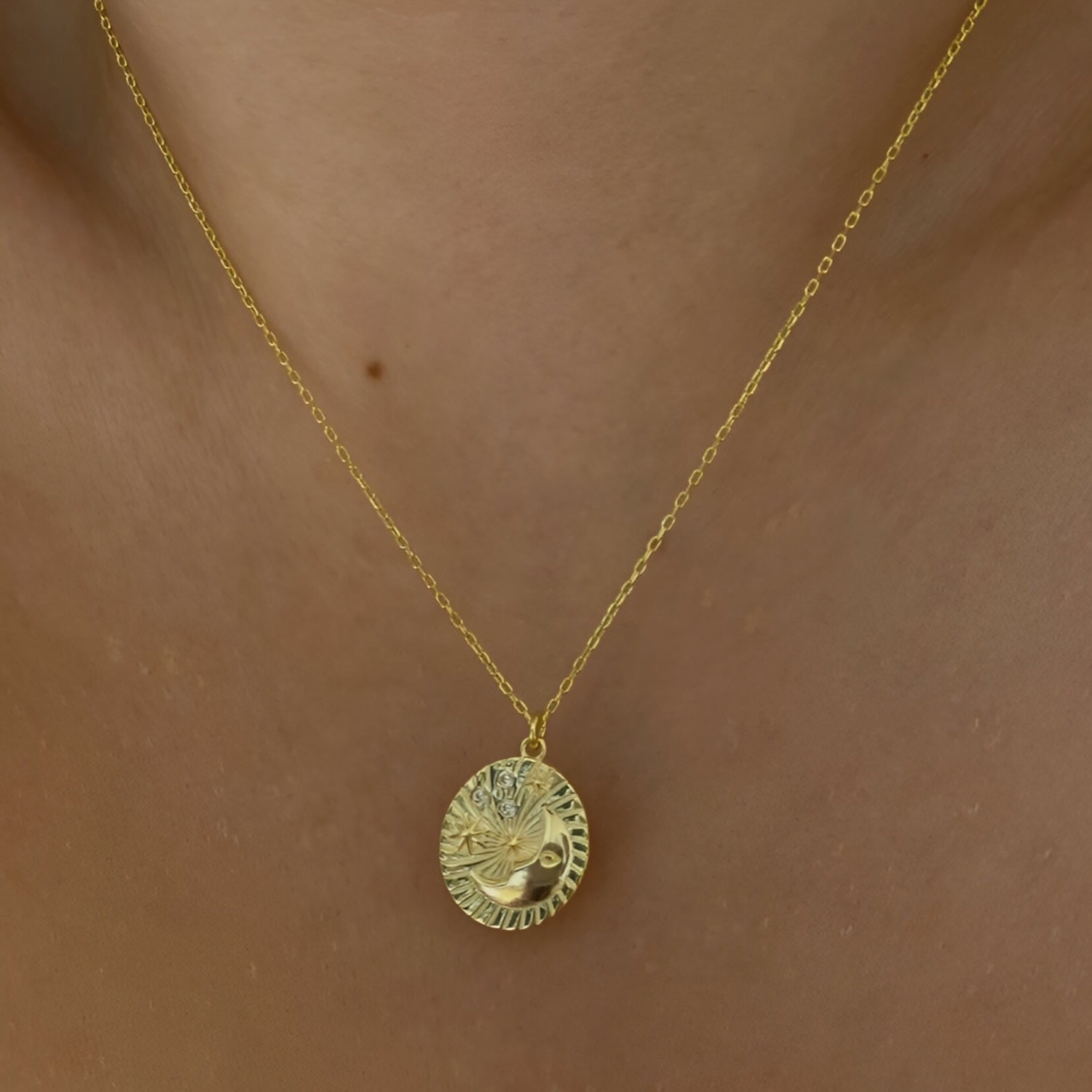 Moon Embossed Silhouette Sterling Silver Medal Necklace - Silver