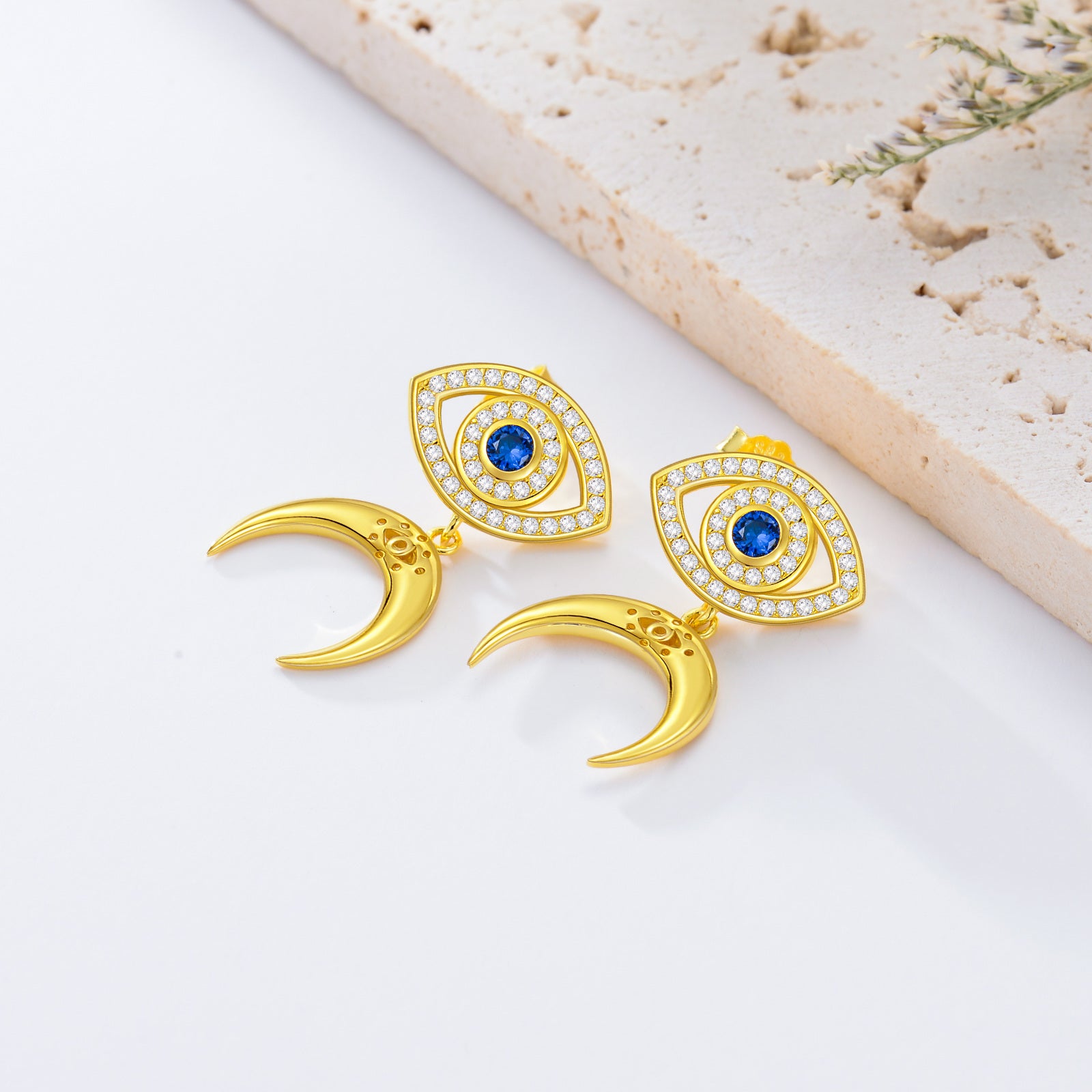 Gold Vermeil Circular Blue Cubic Zirconia Evil Eye & Moon Drop Earrings for Women