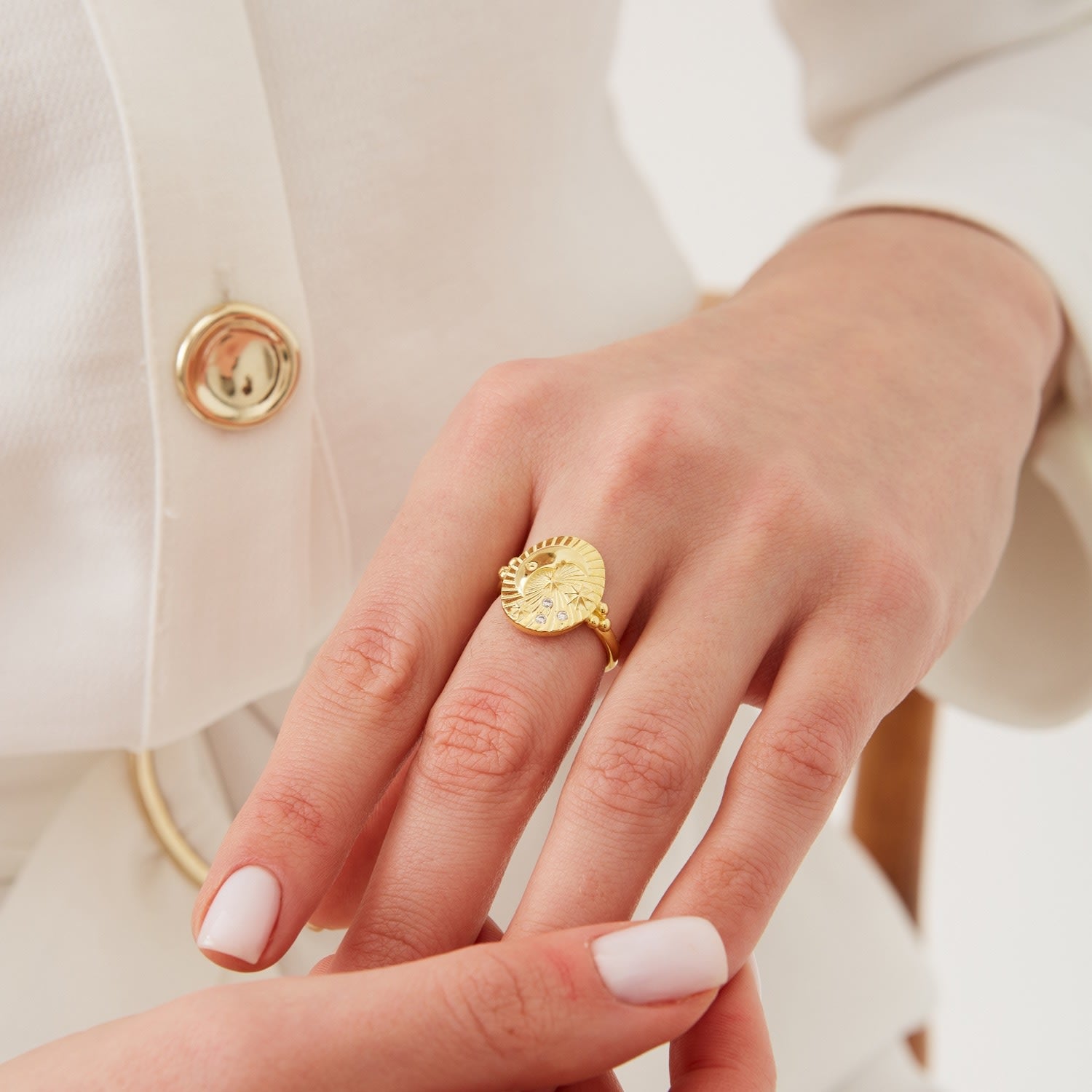 Moon Face Sterling Silver Ring - Gold