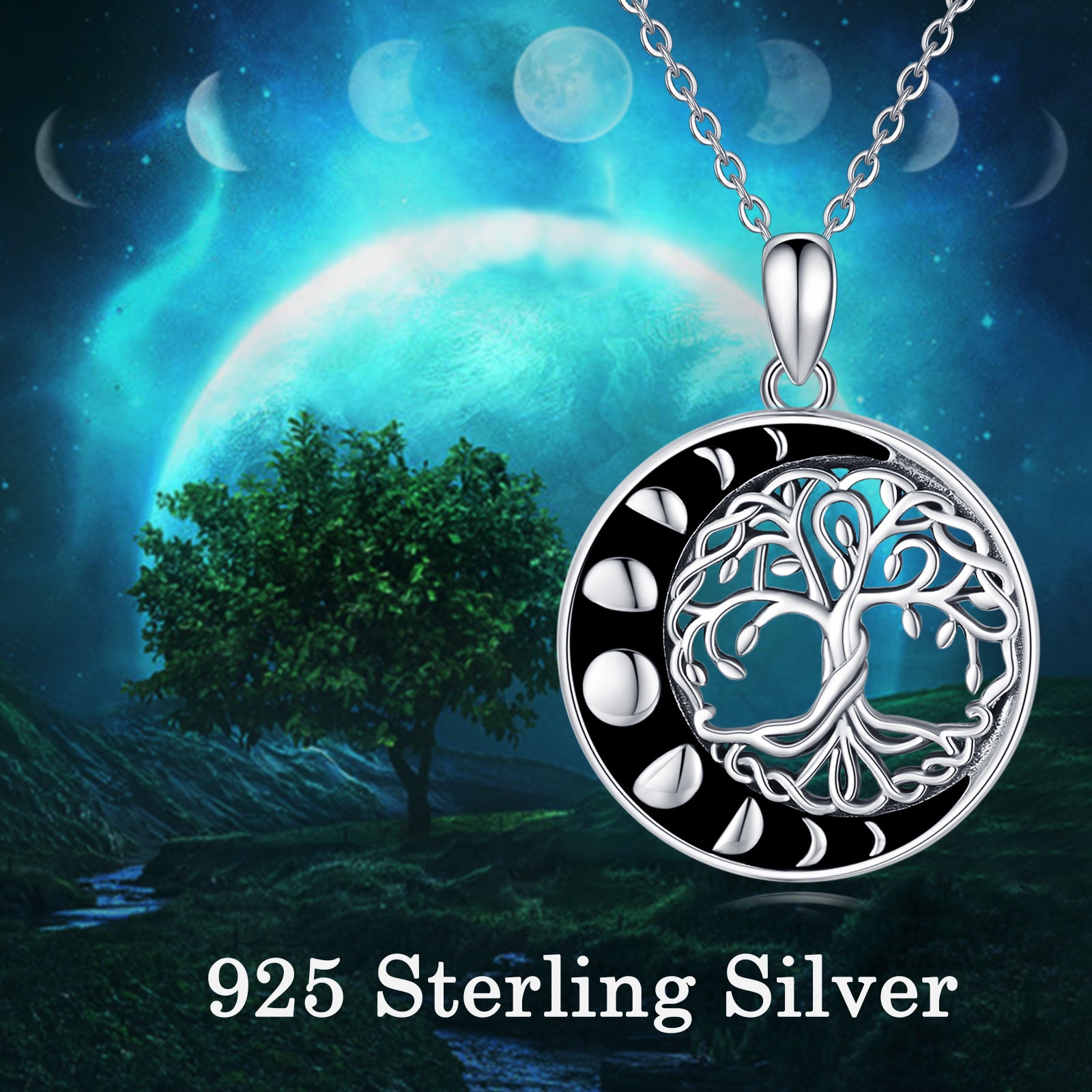 Sterling Silver Tree Of Life & Moon Pendant Necklace
