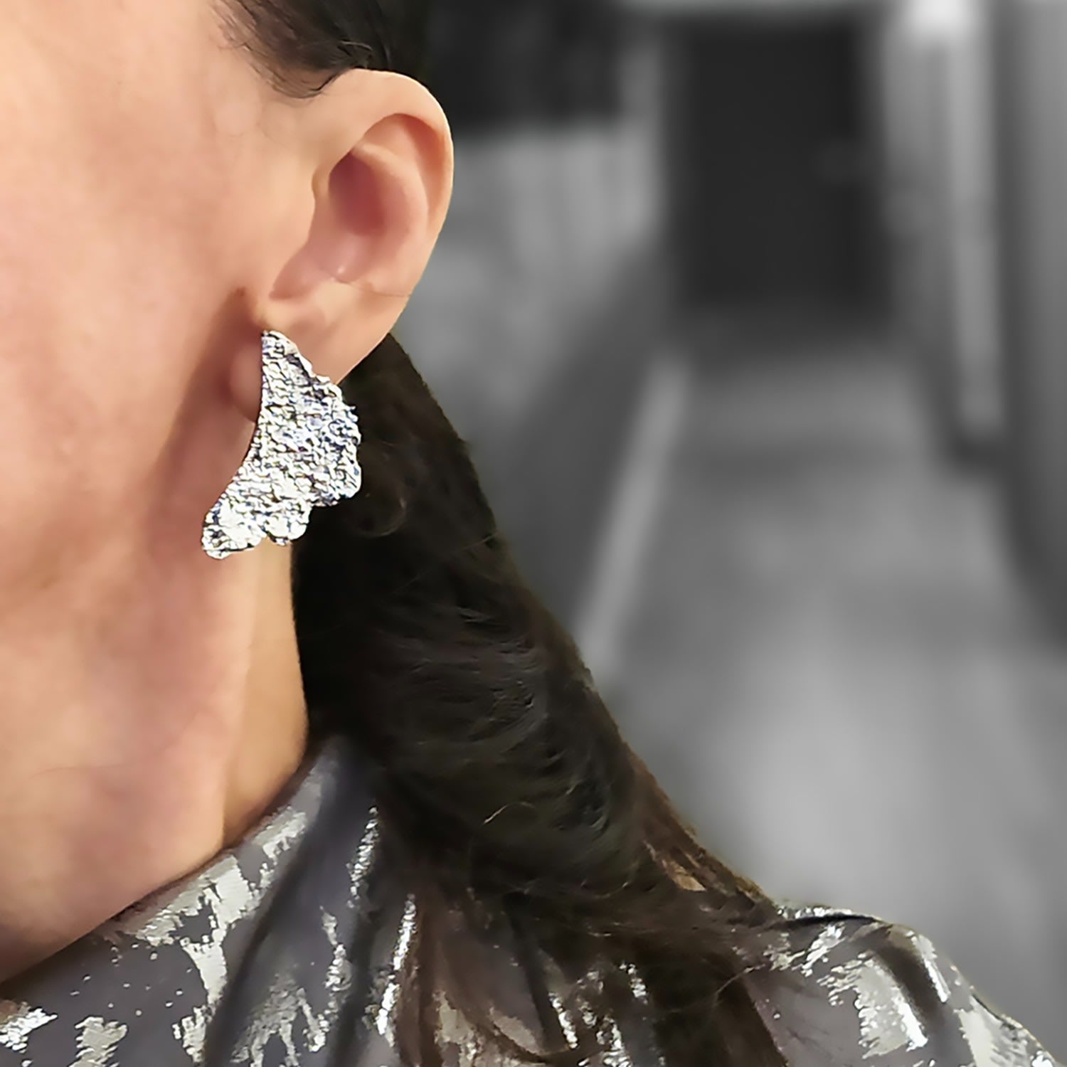 Moon Rock Texture Earring Style - 925 Sterling Silver Rhodium Plated