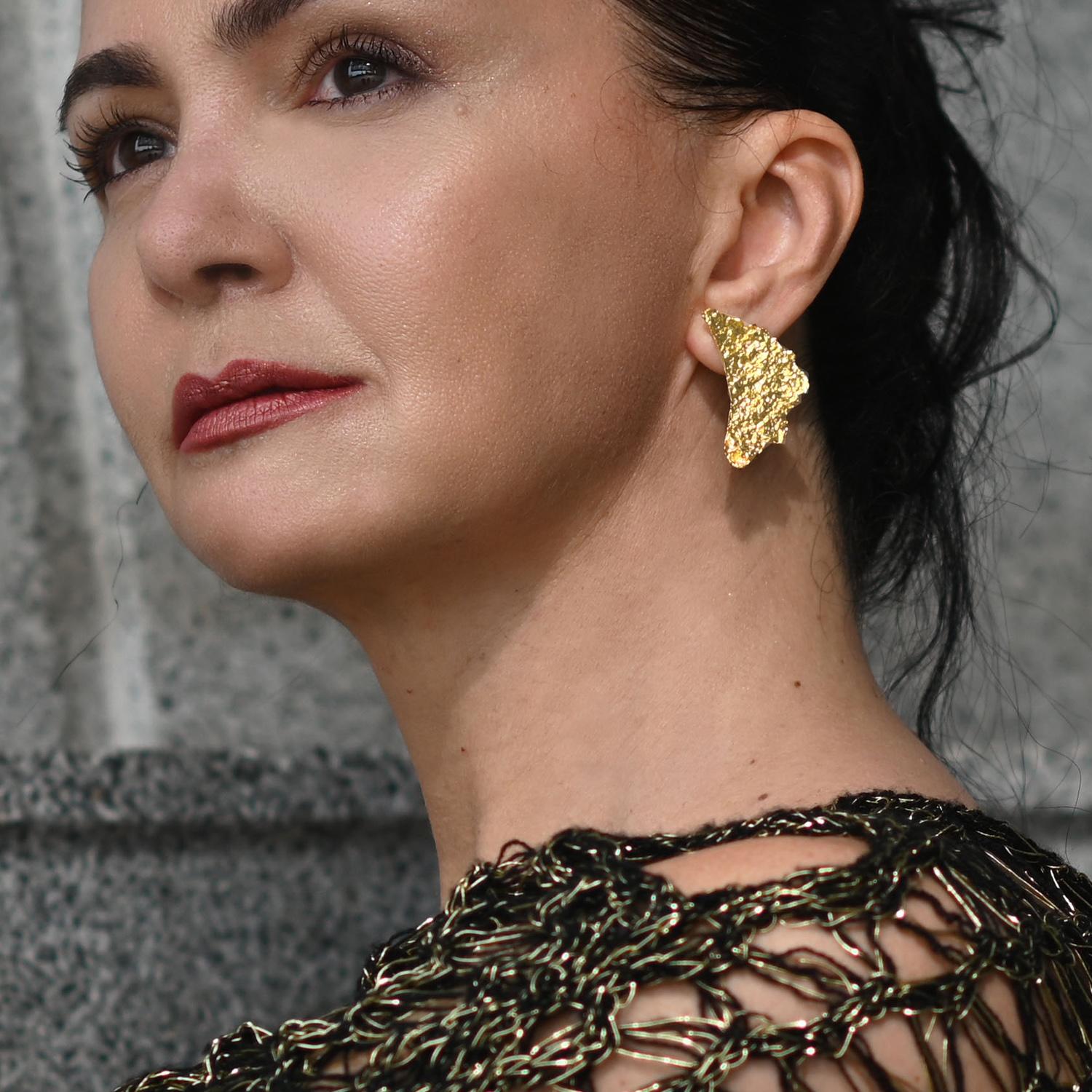 Moon Rock Texture Earring Style - Sterling Silver Yellow Gold Plated