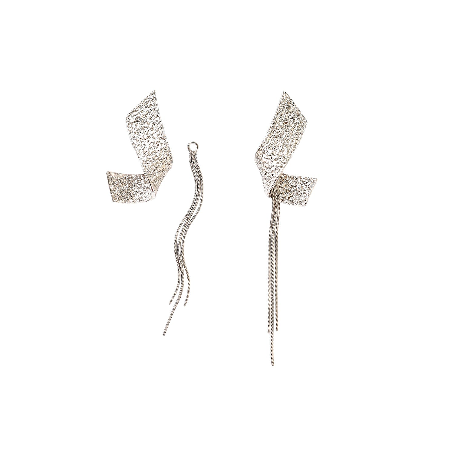 Moon Rock Texture Twisted Earring With Detachable Chain Tassel Charm - Sterling Silver Rhodium Plated