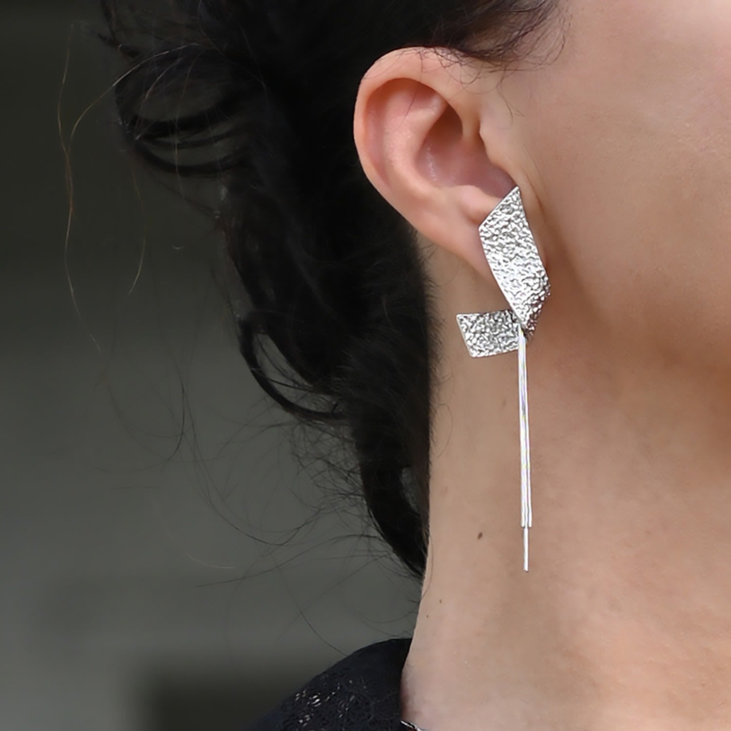 Moon Rock Texture Twisted Earring With Detachable Chain Tassel Charm - Sterling Silver Rhodium Plated