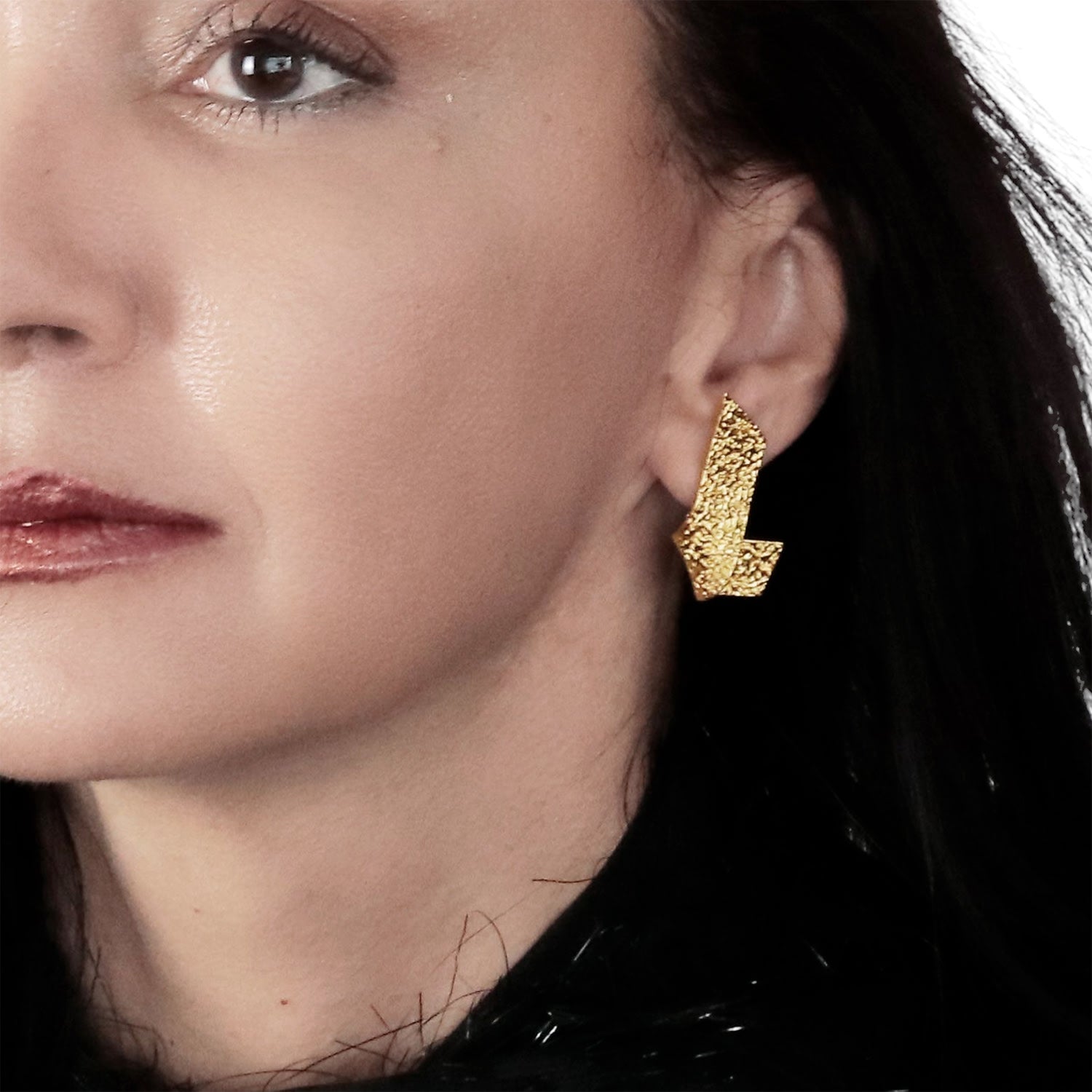 Moon Rock Texture Twisted Earring With Detachable Chain Tassel Charm - Sterling Silver Yellow Gold Plated
