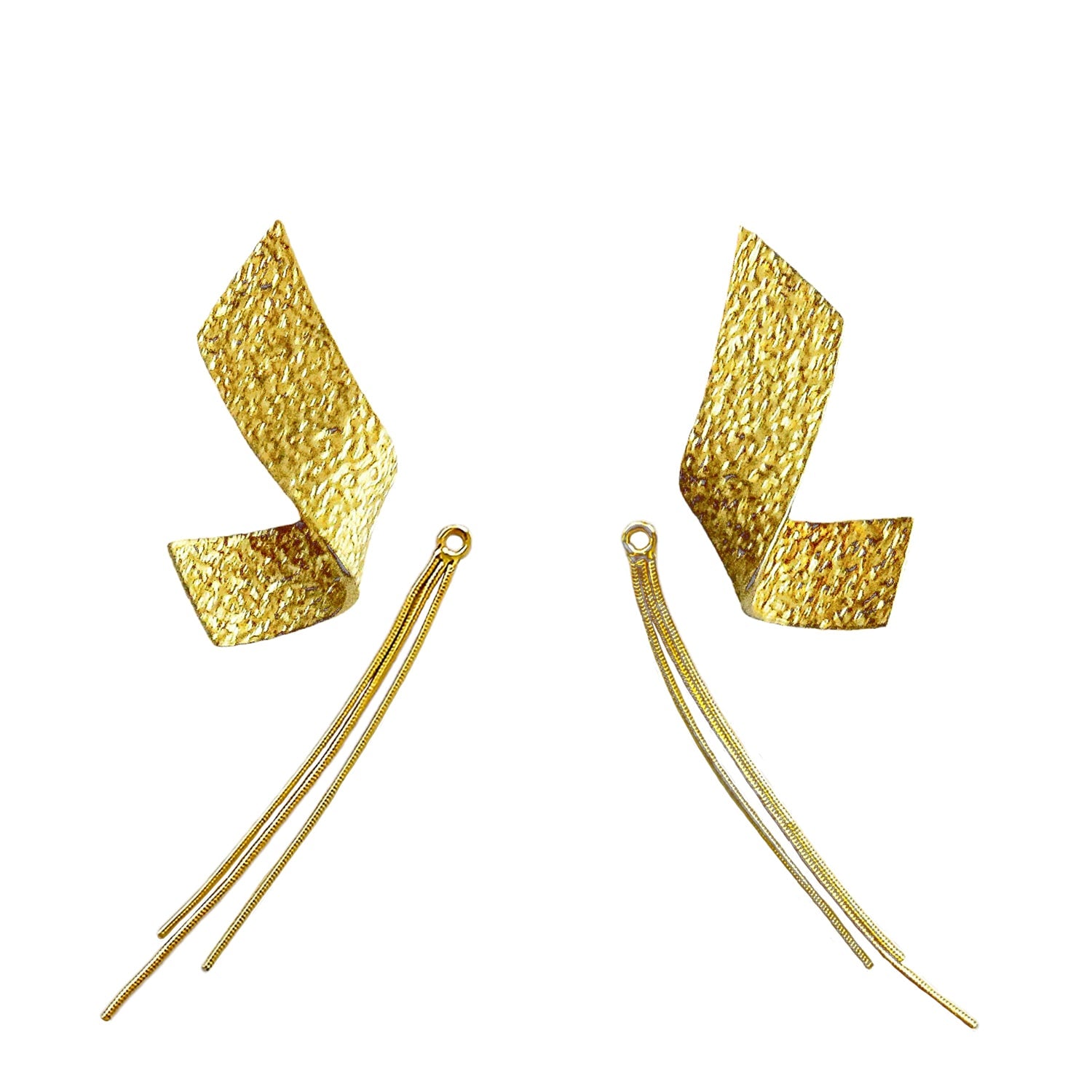 Moon Rock Texture Twisted Earring With Detachable Chain Tassel Charm - Sterling Silver Yellow Gold Plated