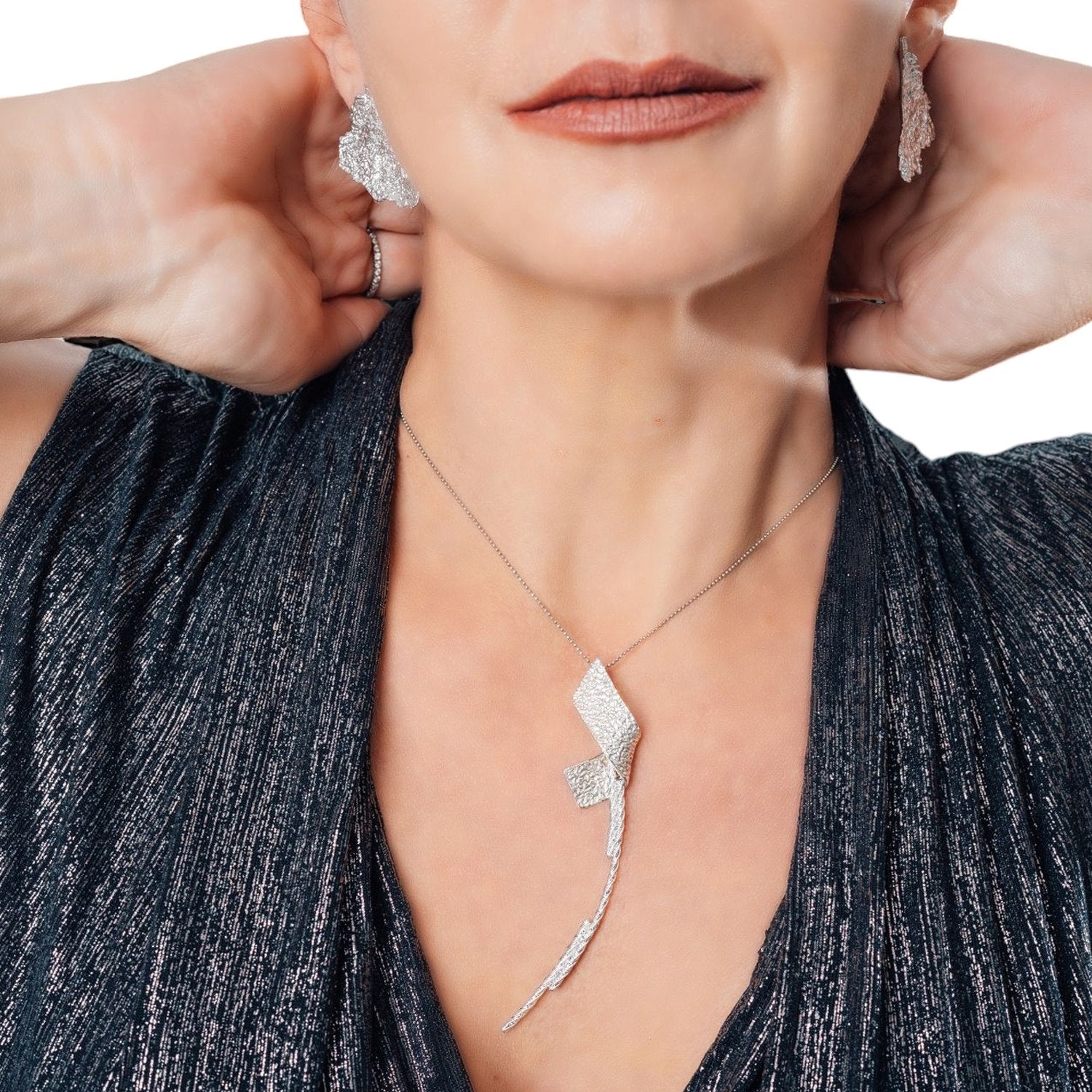 Moon Rock Texture Twisted Pendant With Detachable Charms - Sterling Silver Rhodium Plated