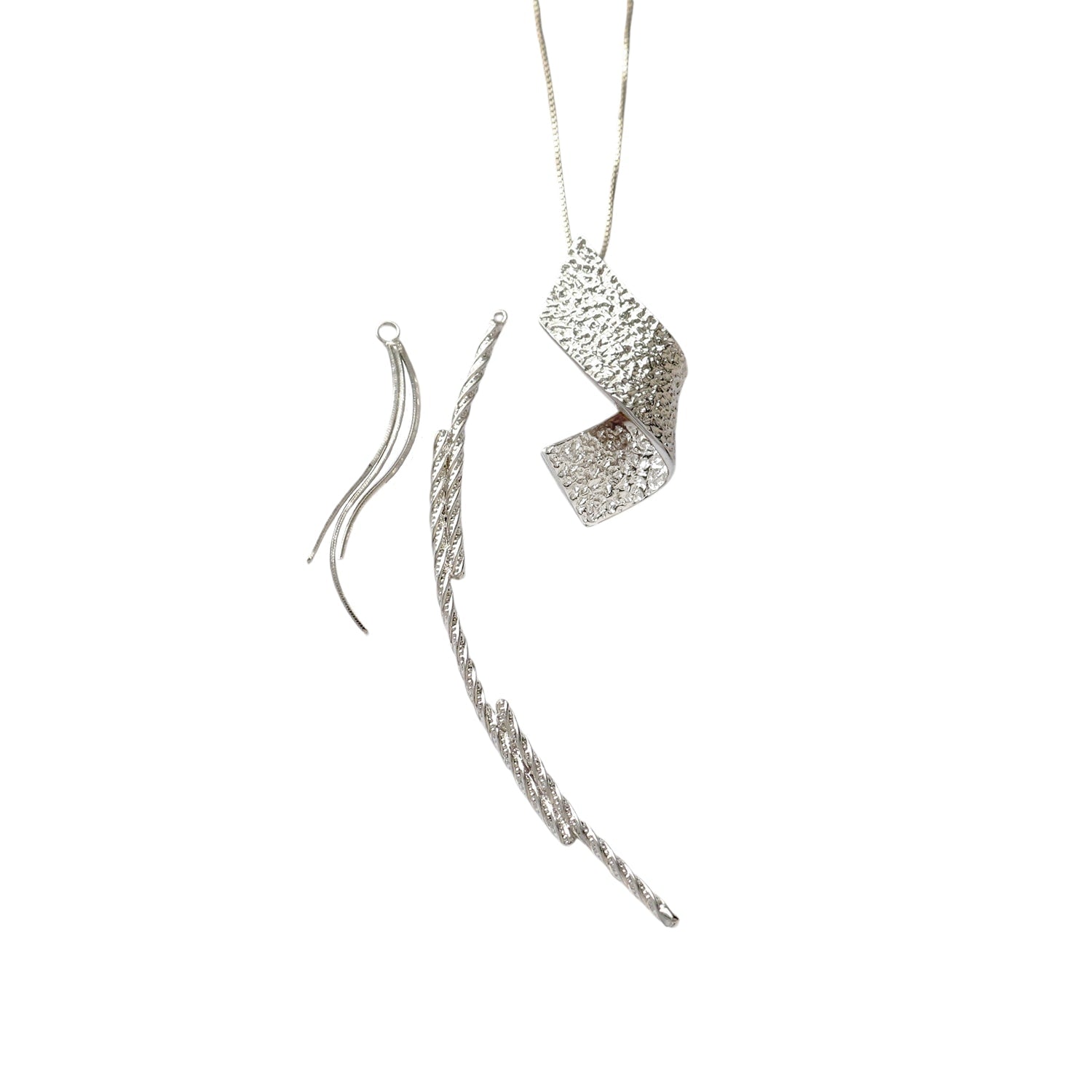 Moon Rock Texture Twisted Pendant With Detachable Charms - Sterling Silver Rhodium Plated