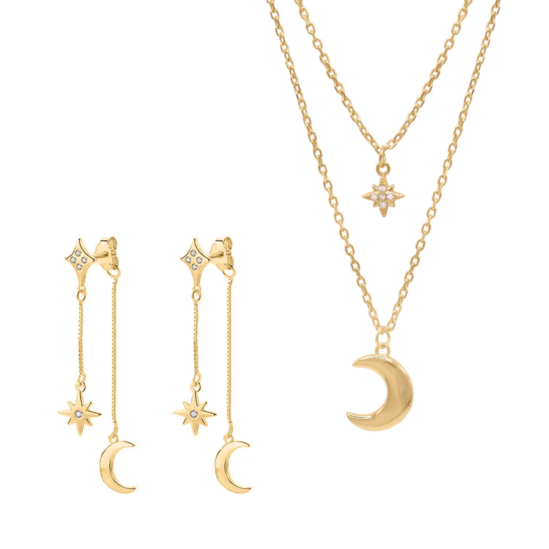 Moon & Star Layering Gift Set - Necklace & Earrings - Gold Plated