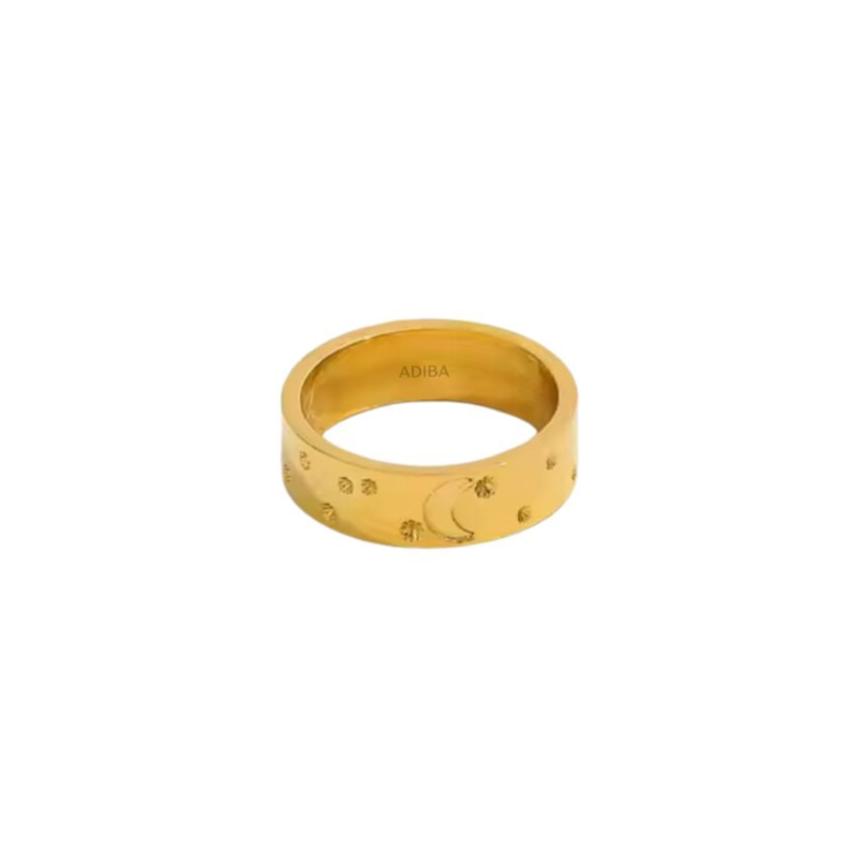 Moon & Stars Wide Gold Plated Stainless Steel Ring