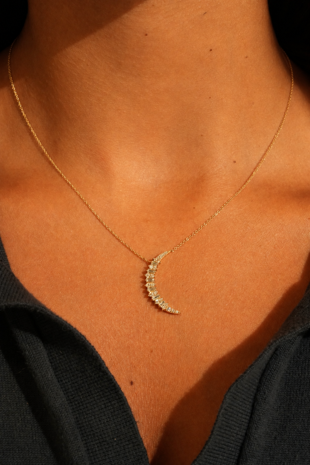 Gold Lab Diamond Baguette Crecent Moon Necklace