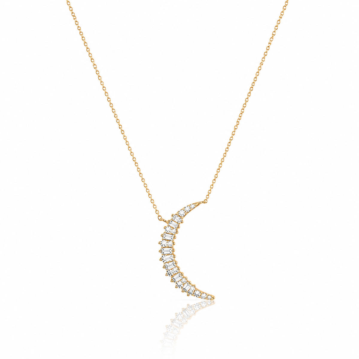 Gold Lab Diamond Baguette Crecent Moon Necklace