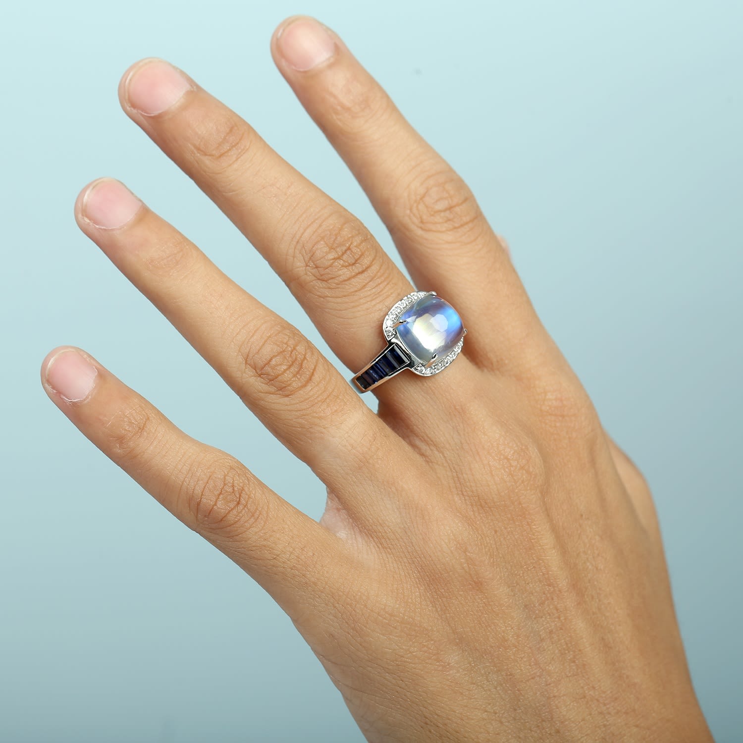 Moonstone Blue & Blue Sapphire Pave Diamond Cocktail Ring In White Gold
