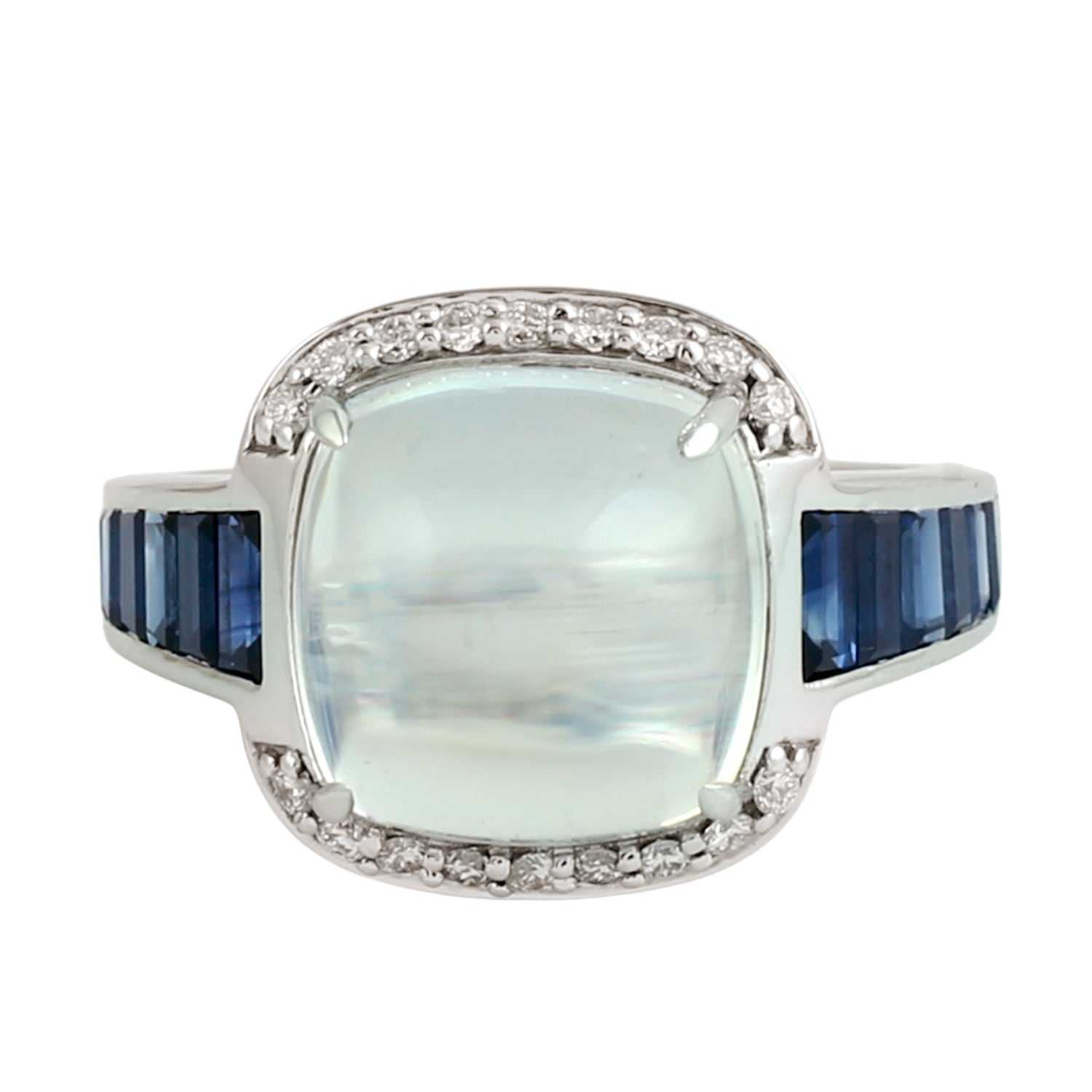 Moonstone Blue & Blue Sapphire Pave Diamond Cocktail Ring In White Gold