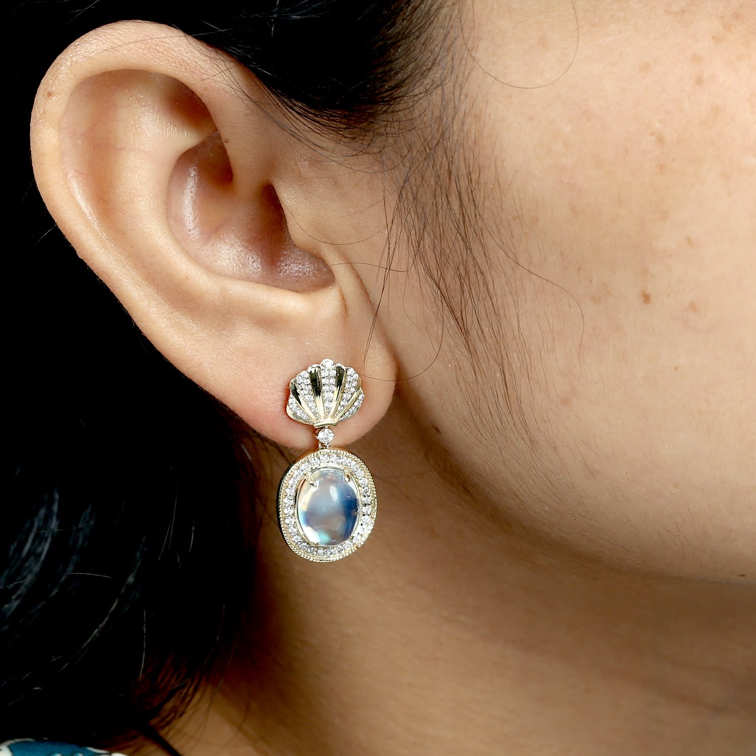 Moonstone Blue Gemstone Pave Diamond Dangle Earrings In Gold