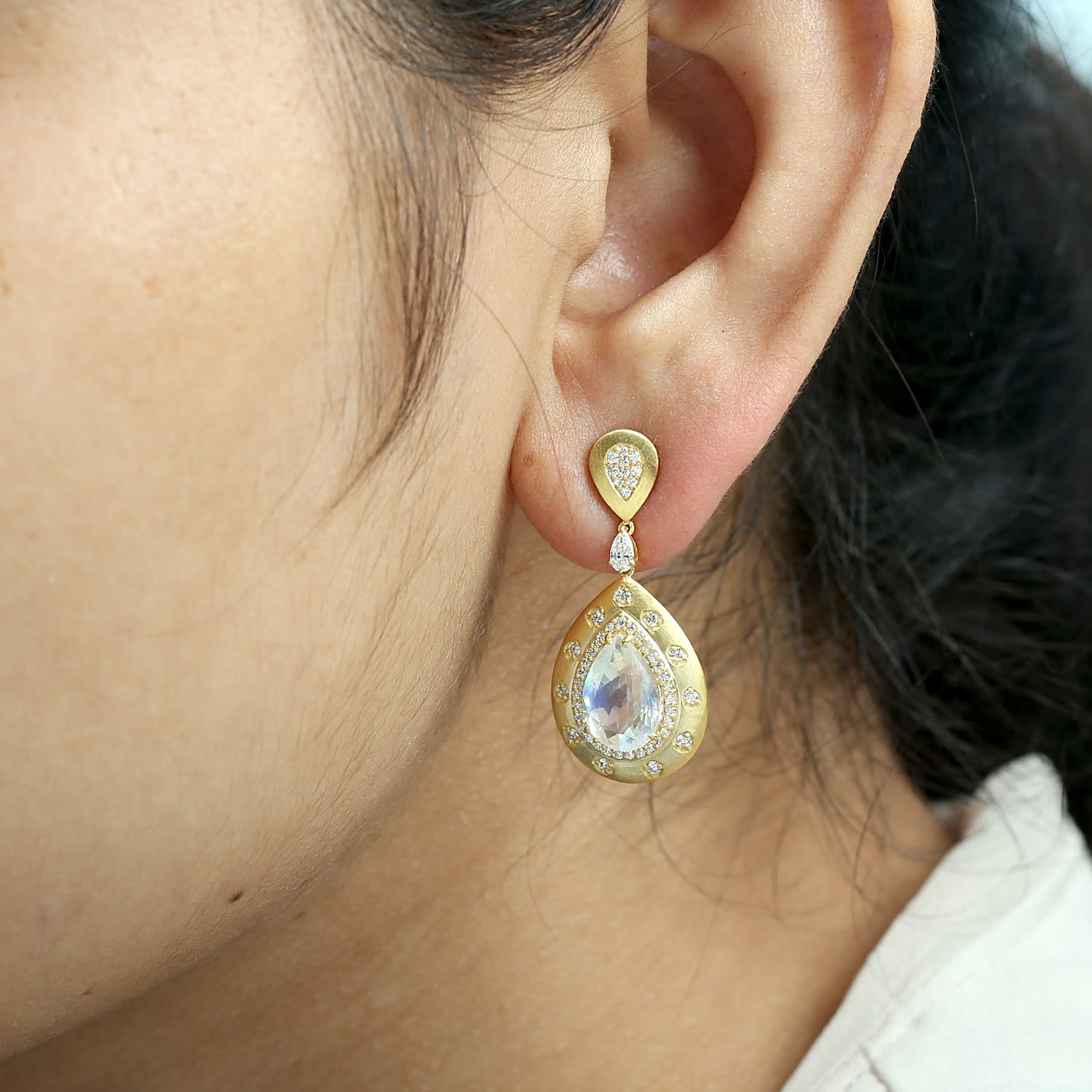 Moonstone Blue & Pave Diamond Dangle Earrings In Gold