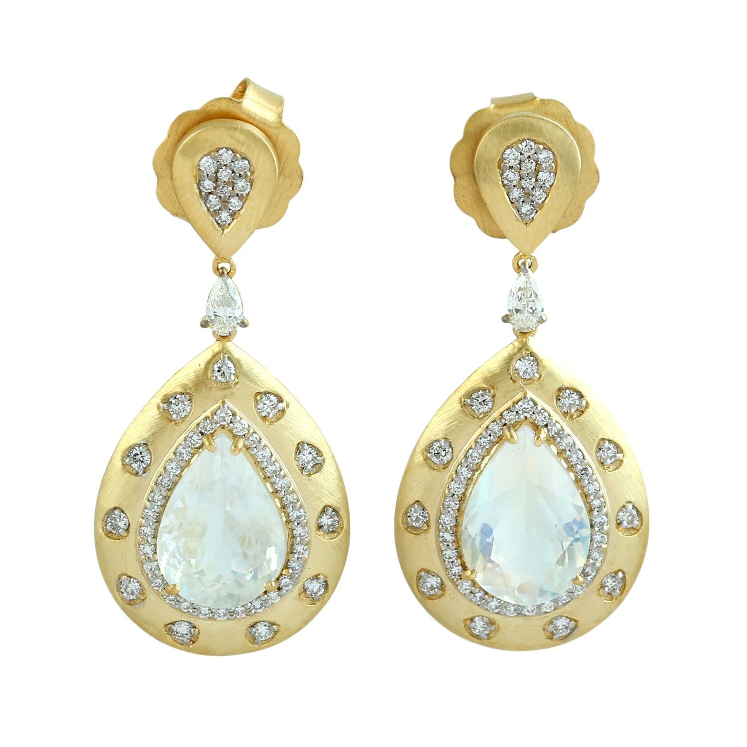 Moonstone Blue & Pave Diamond Dangle Earrings In Gold