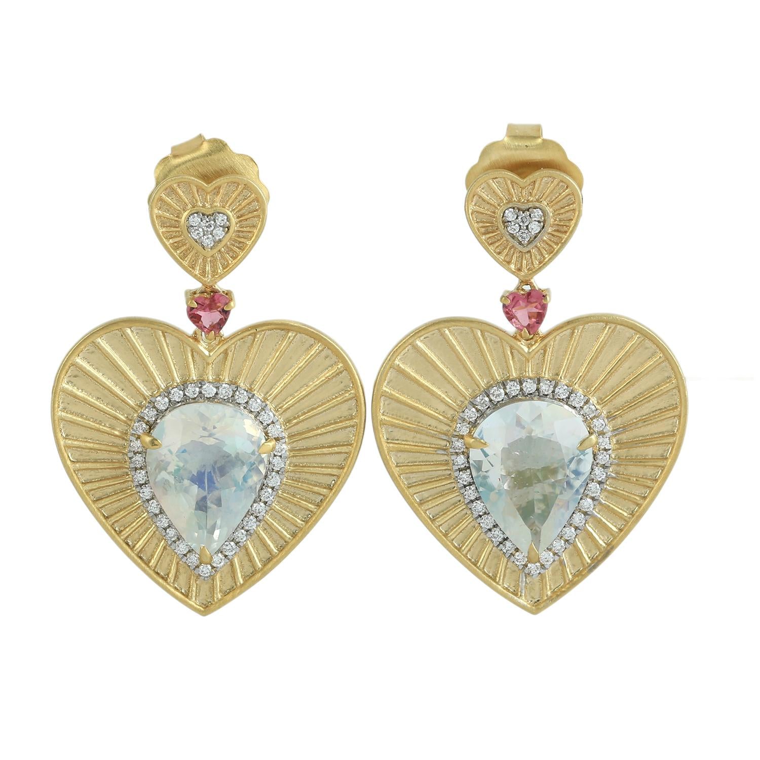 Moonstone Blue & Pink Tourmaline Pave Diamond Heart Dangle Earrings In Gold