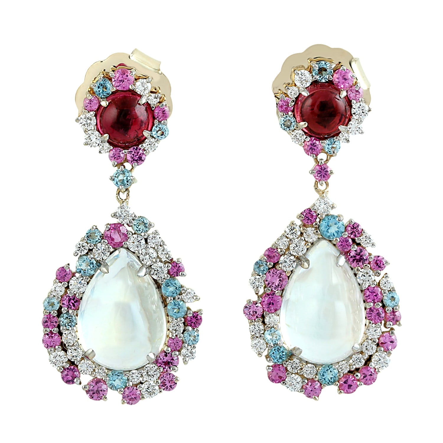 Moonstone Blue & Sapphire Multi Gemstone Prong Diamond Dangle Earring In Gold