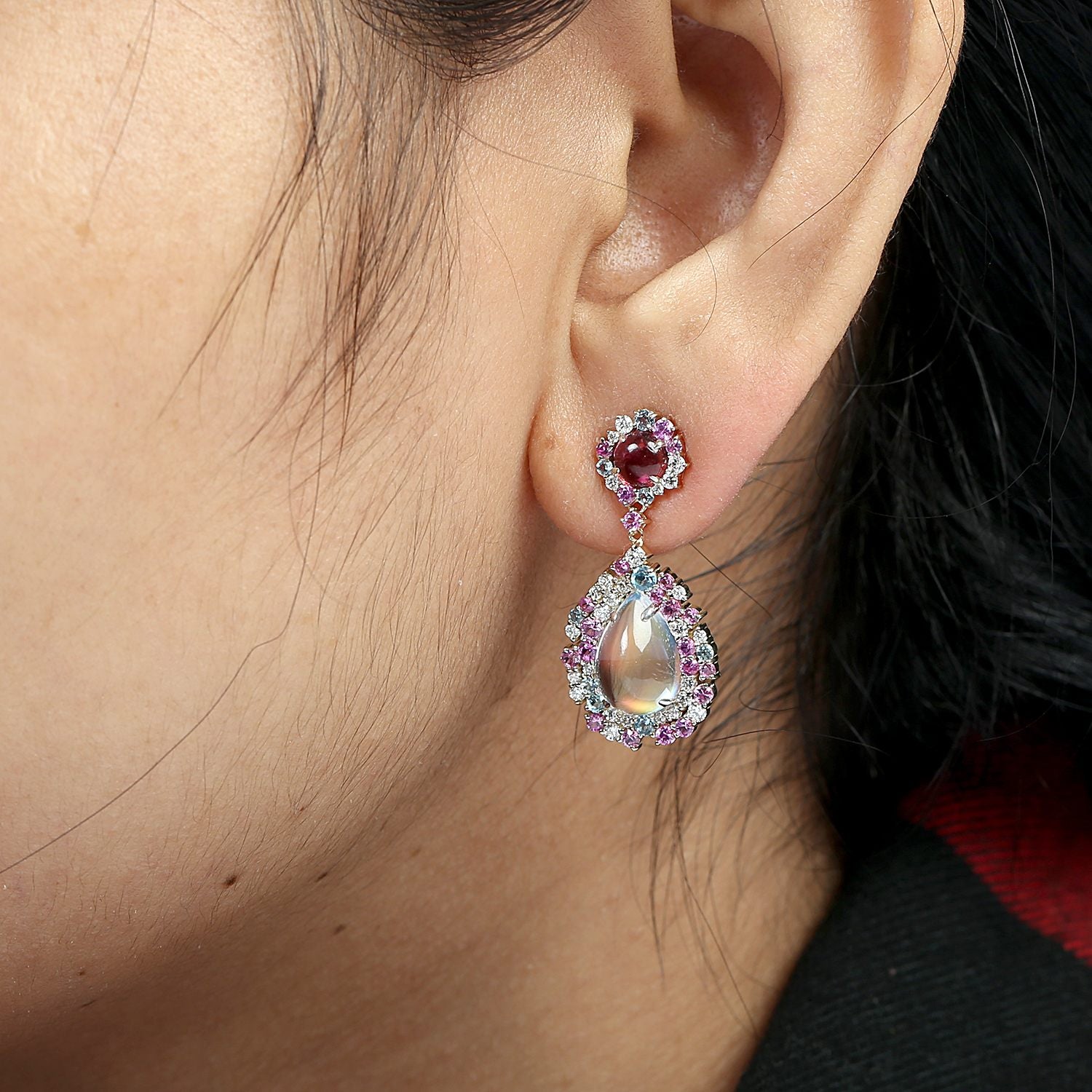 Moonstone Blue & Sapphire Multi Gemstone Prong Diamond Dangle Earring In Gold