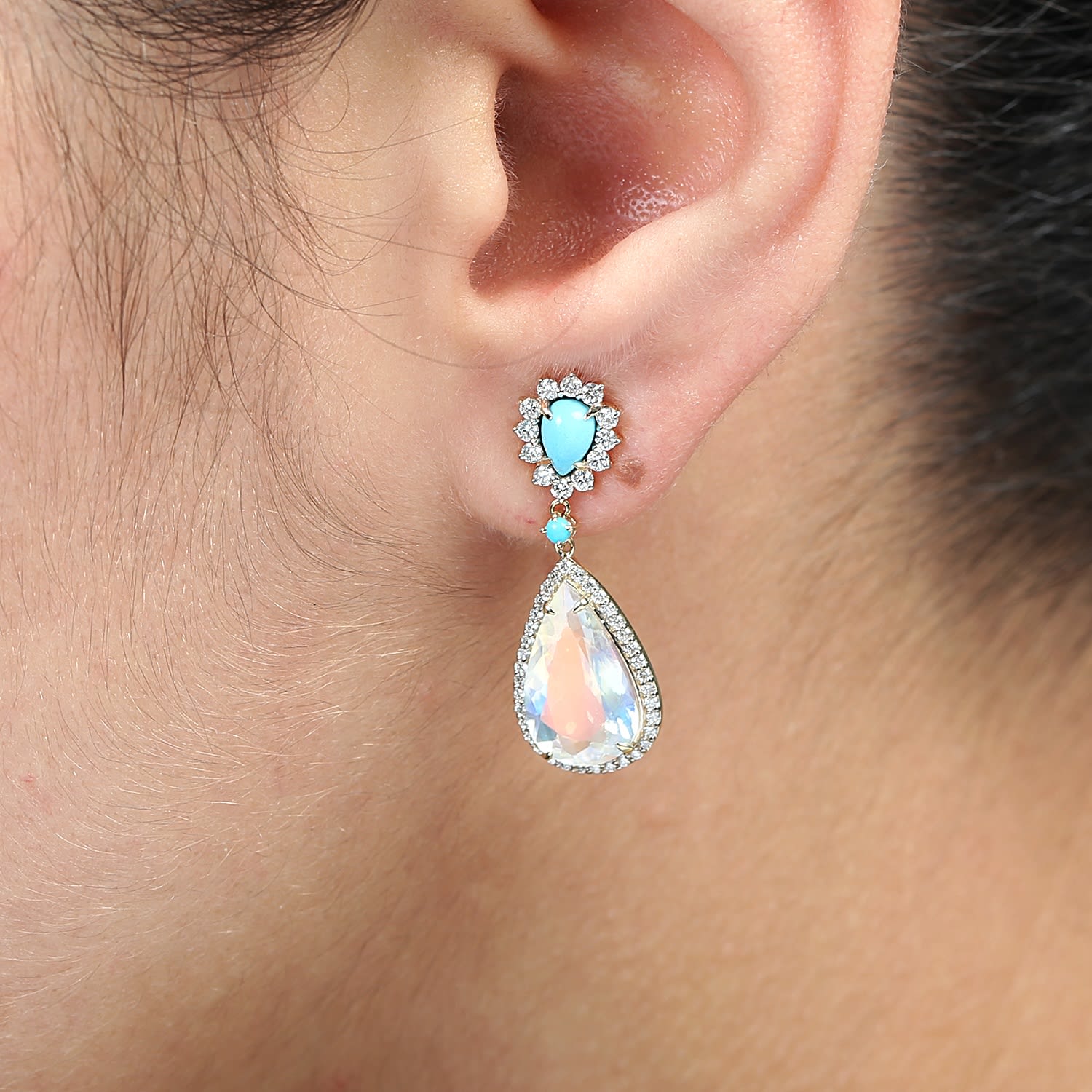 Moonstone Blue & Turquoise Prong Diamond Dangle Earrings In Gold