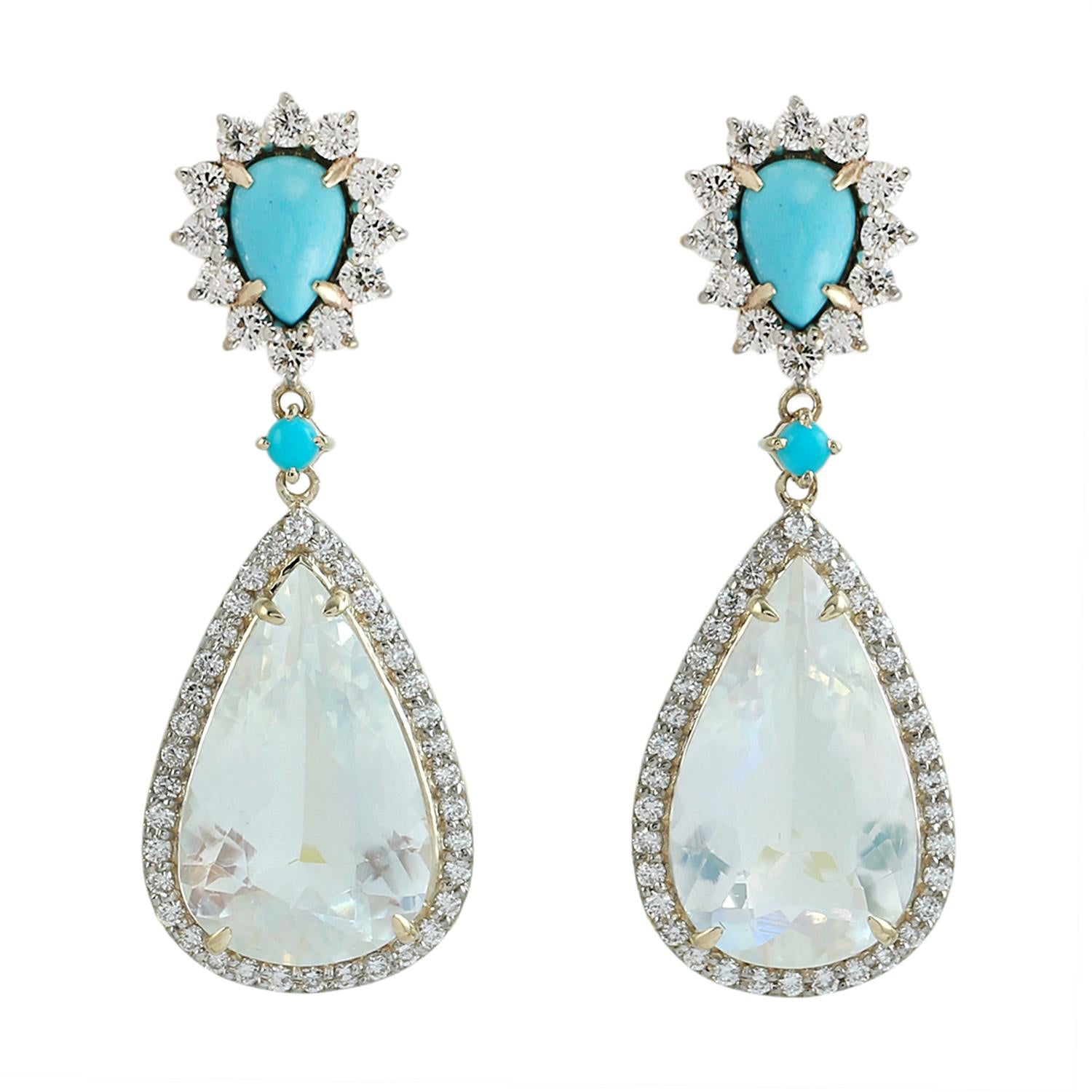 Moonstone Blue & Turquoise Prong Diamond Dangle Earrings In Gold