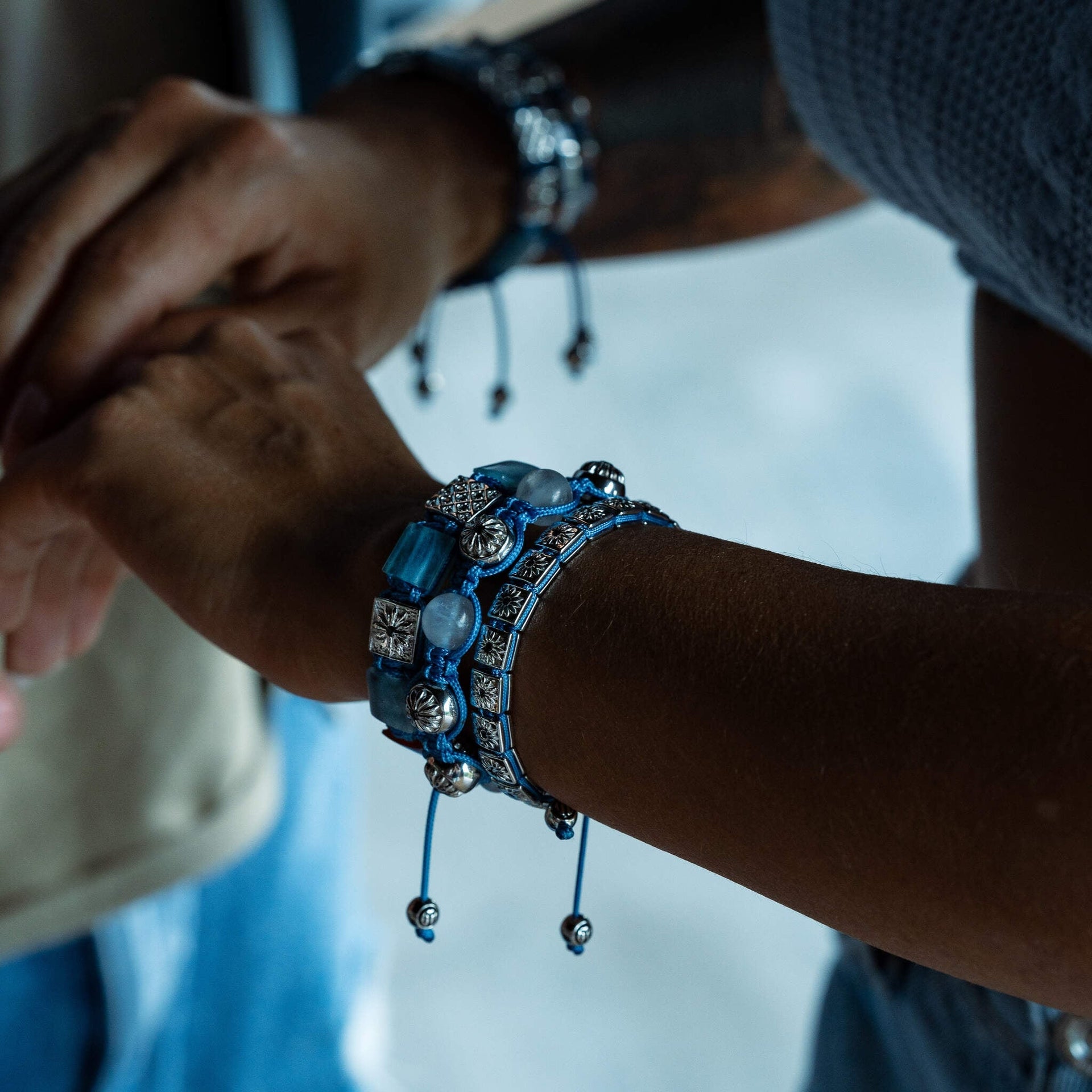 Moonstone Bracelet With Sky - Blue String & Silver - The Maverick