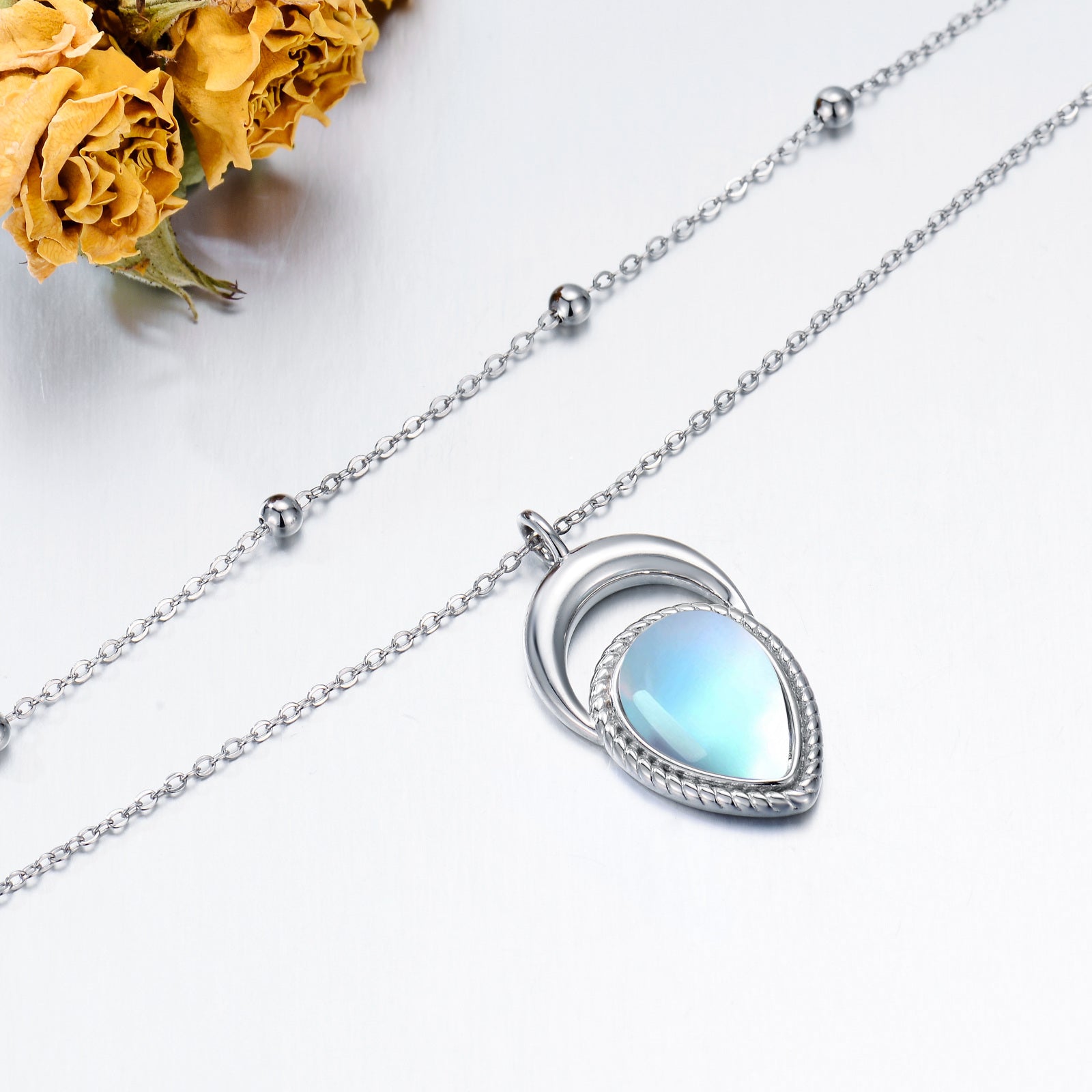 Sterling Silver Moonstone Drop Layered Necklace for Women