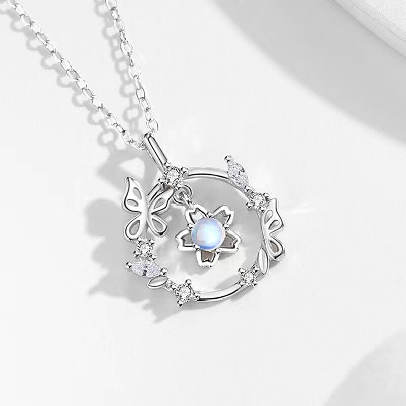 Sterling Silver Circle Moonstone Butterfly & Flowers Necklace for Women