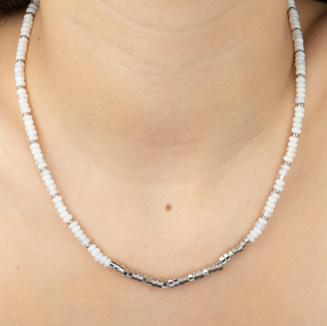 Moonstone Nugget Beaded Necklace In Silver