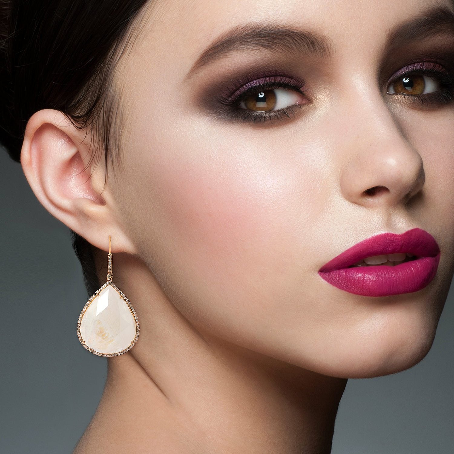 Moonstone & Pave Diamond Ear Hook Earrings In 18K Rose Gold