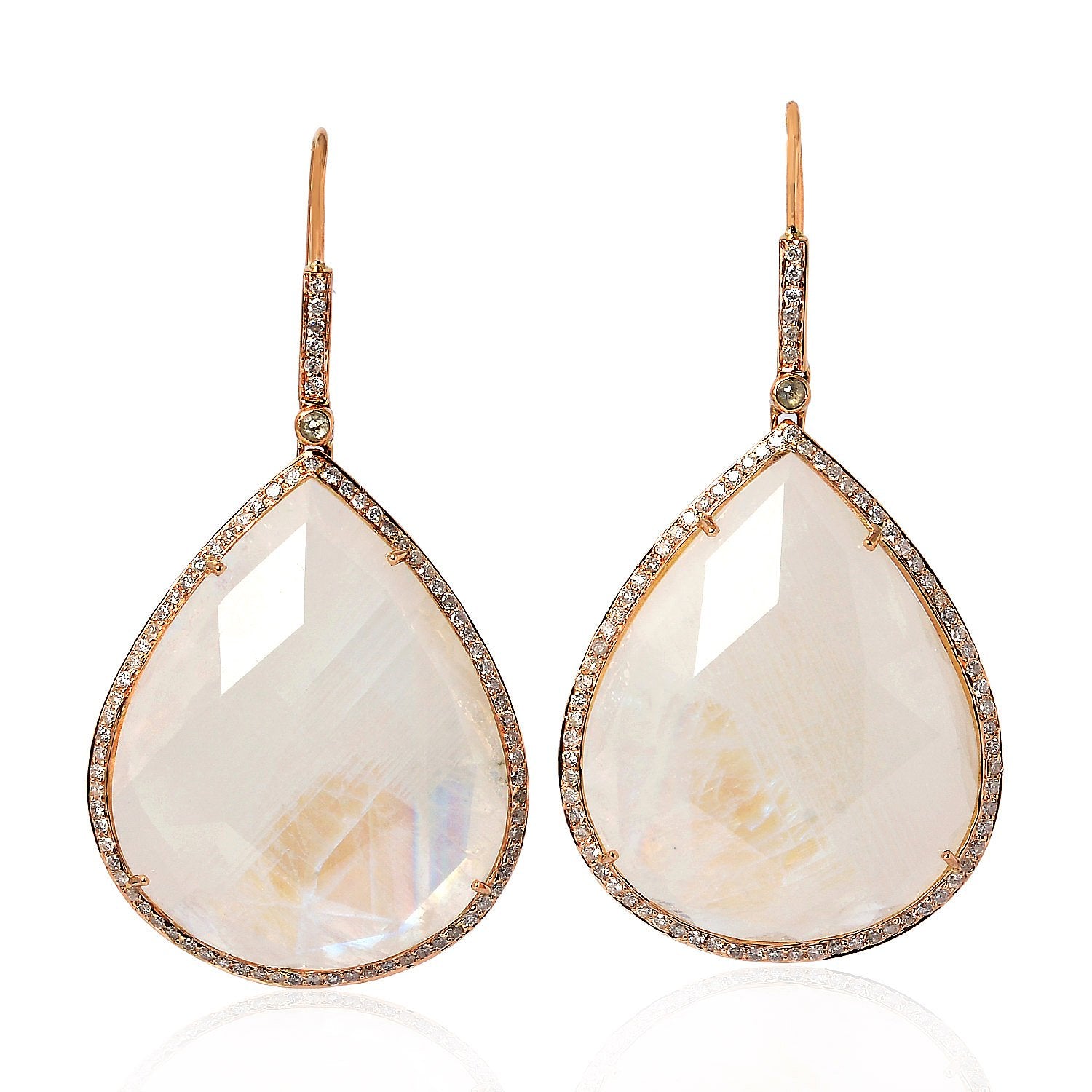 Moonstone & Pave Diamond Ear Hook Earrings In 18K Rose Gold