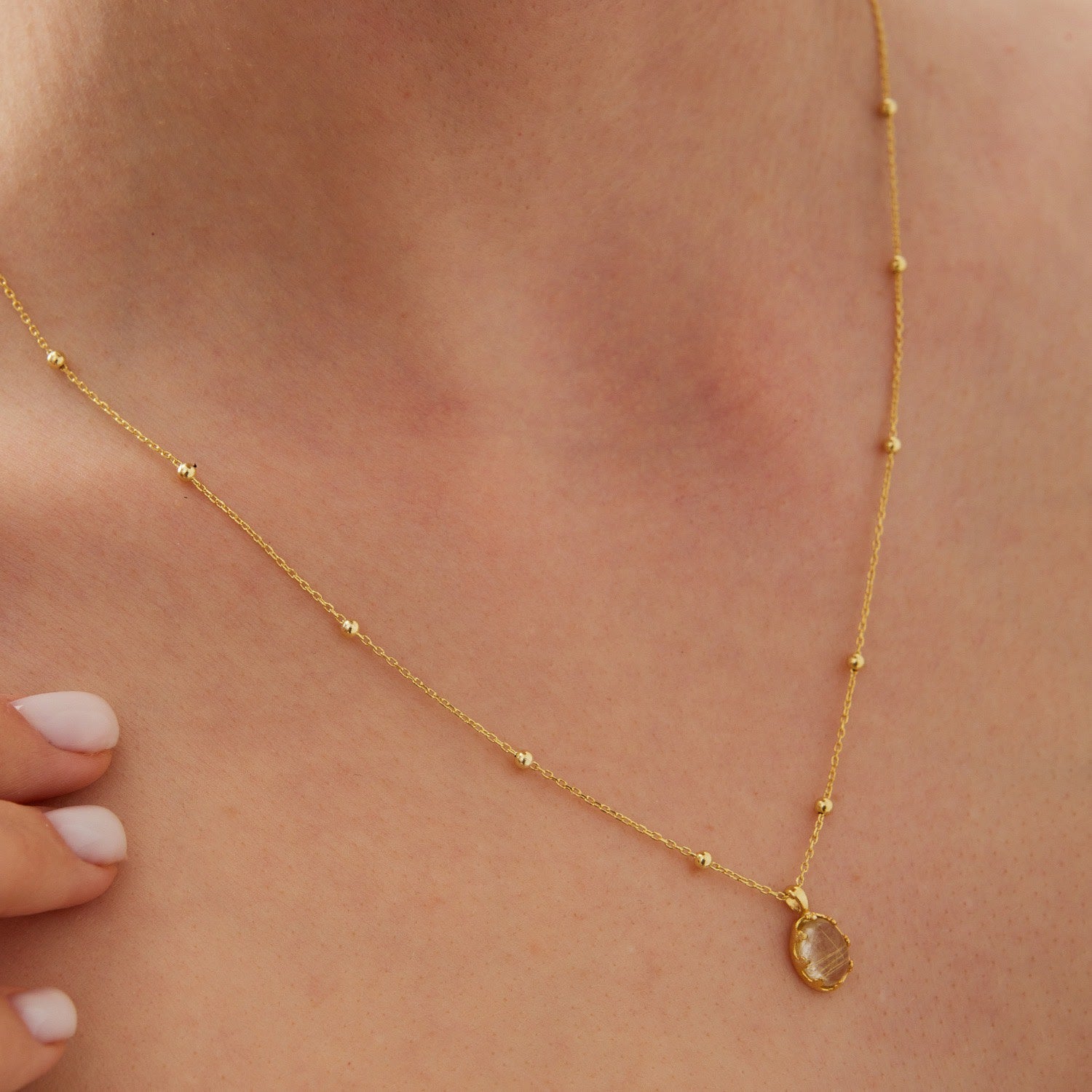 Moonstone Sterling Silver Pendant Necklace With Beaded Chain - Transparent