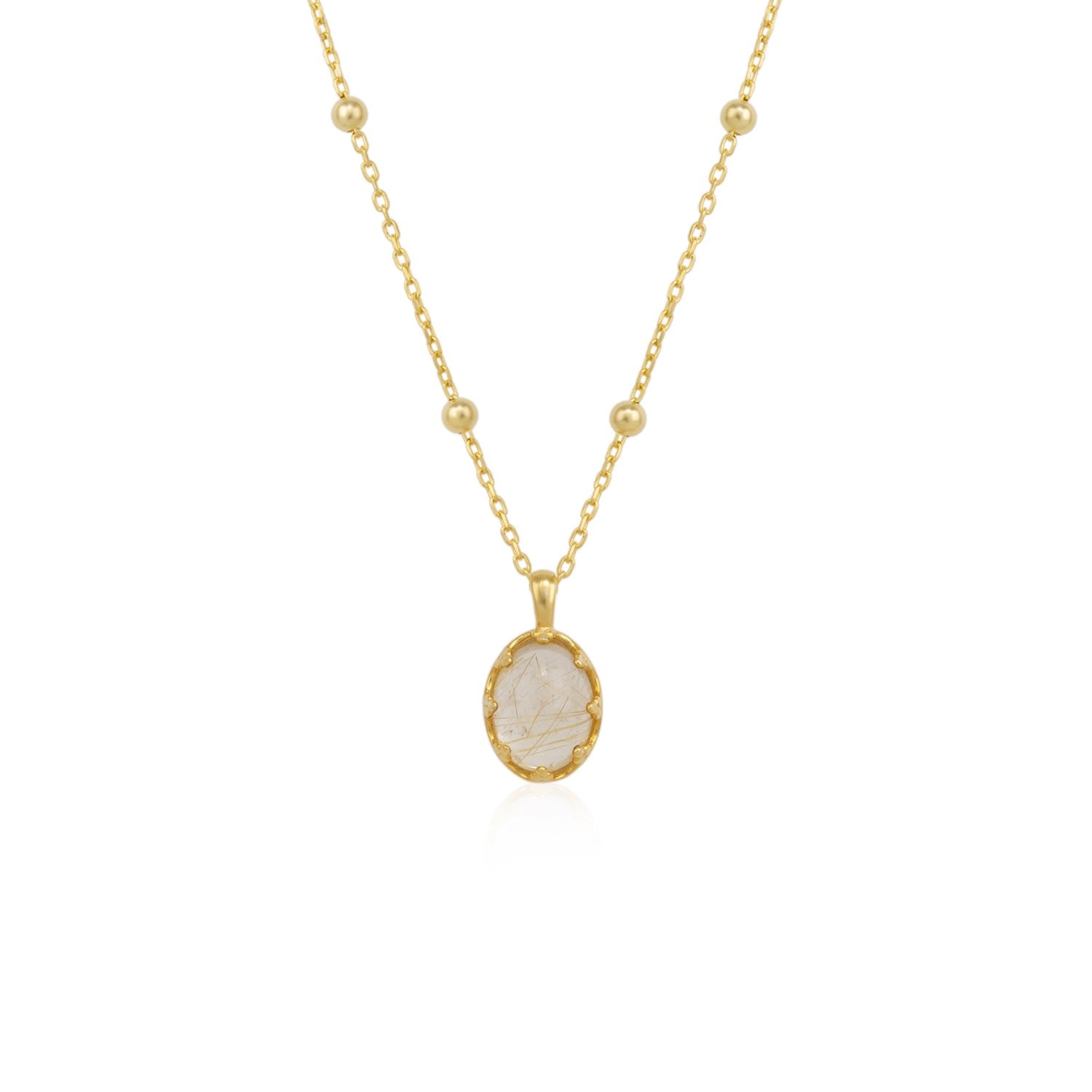 Moonstone Sterling Silver Pendant Necklace With Beaded Chain - Transparent