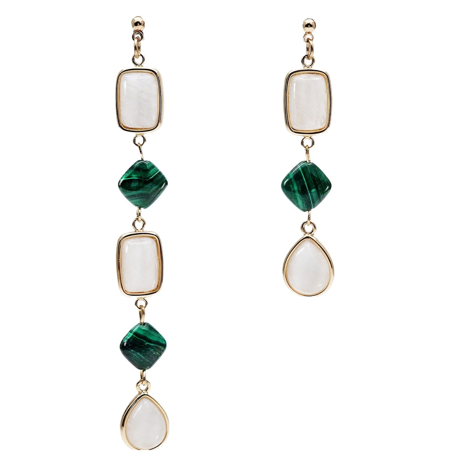 Moonstone With Malachite Asymmetric Earrings