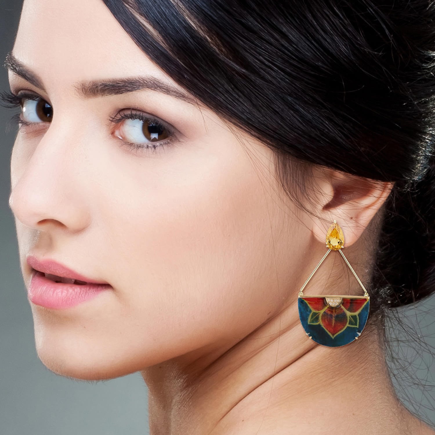 Mop & Citrine Gemstone Chandelier Earrings In Gold – Pave Diamond & Bakelite Statement Jewelry