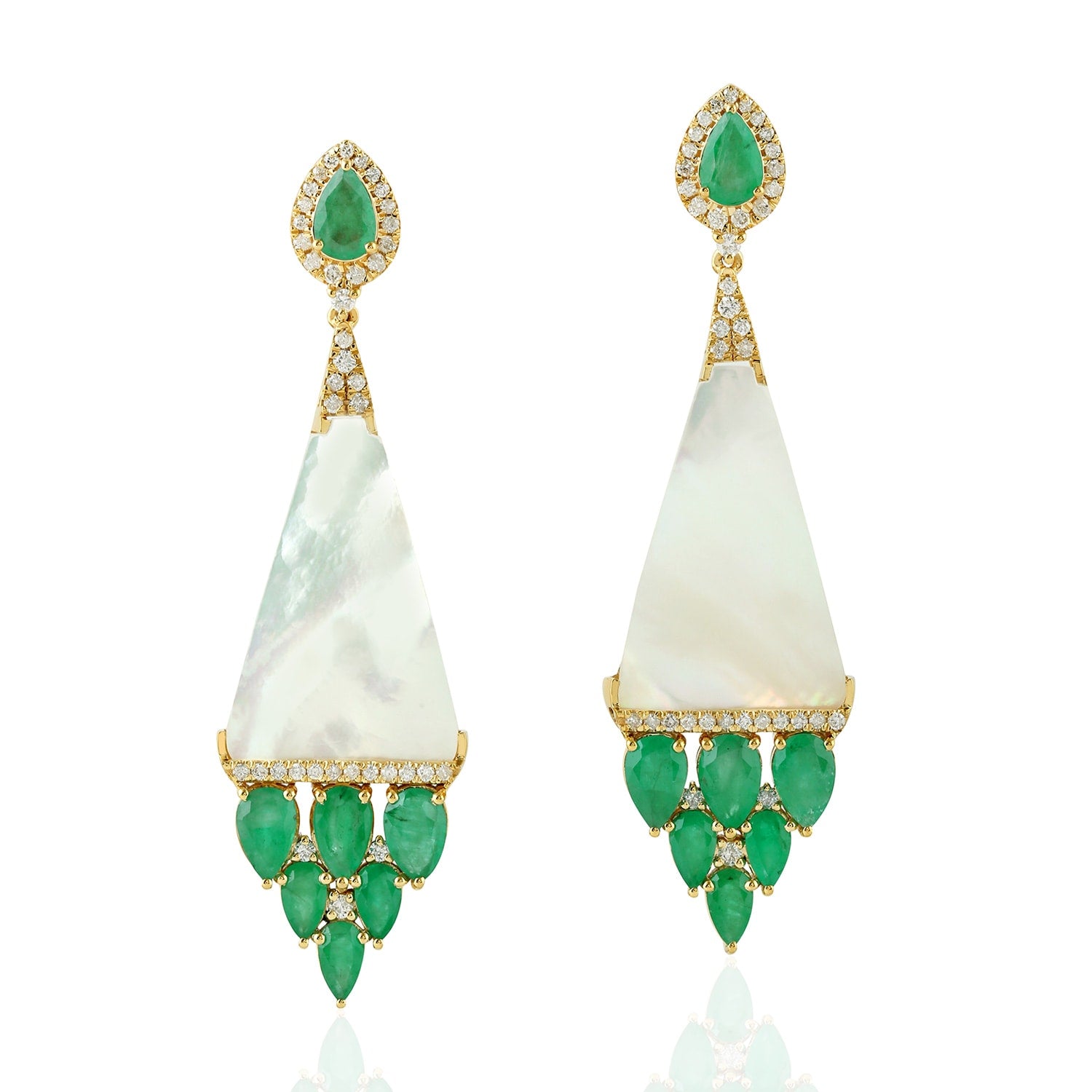 Mop & Emerald Pave Diamond Dangle Earrings In Yellow Gold