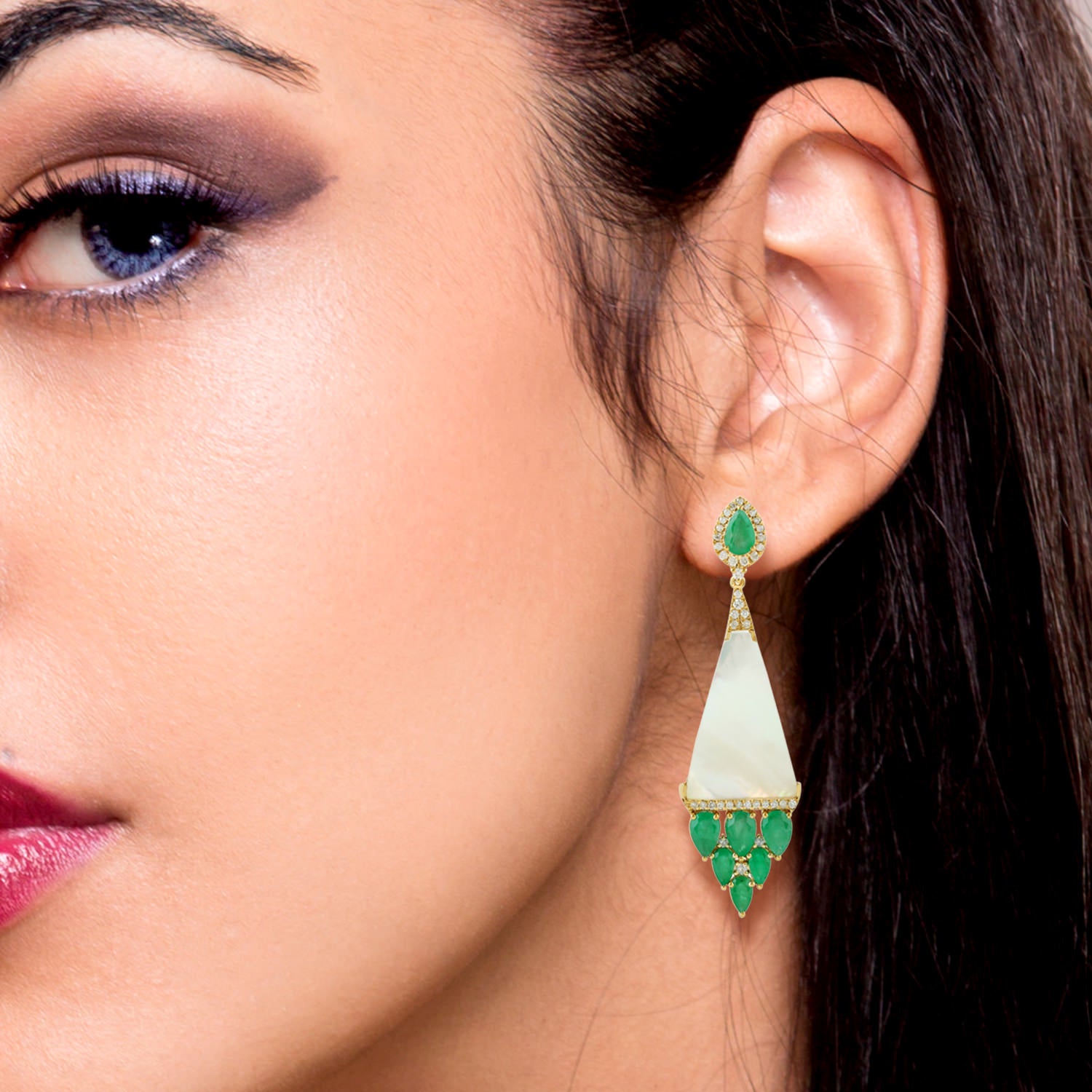 Mop & Emerald Pave Diamond Dangle Earrings In Yellow Gold