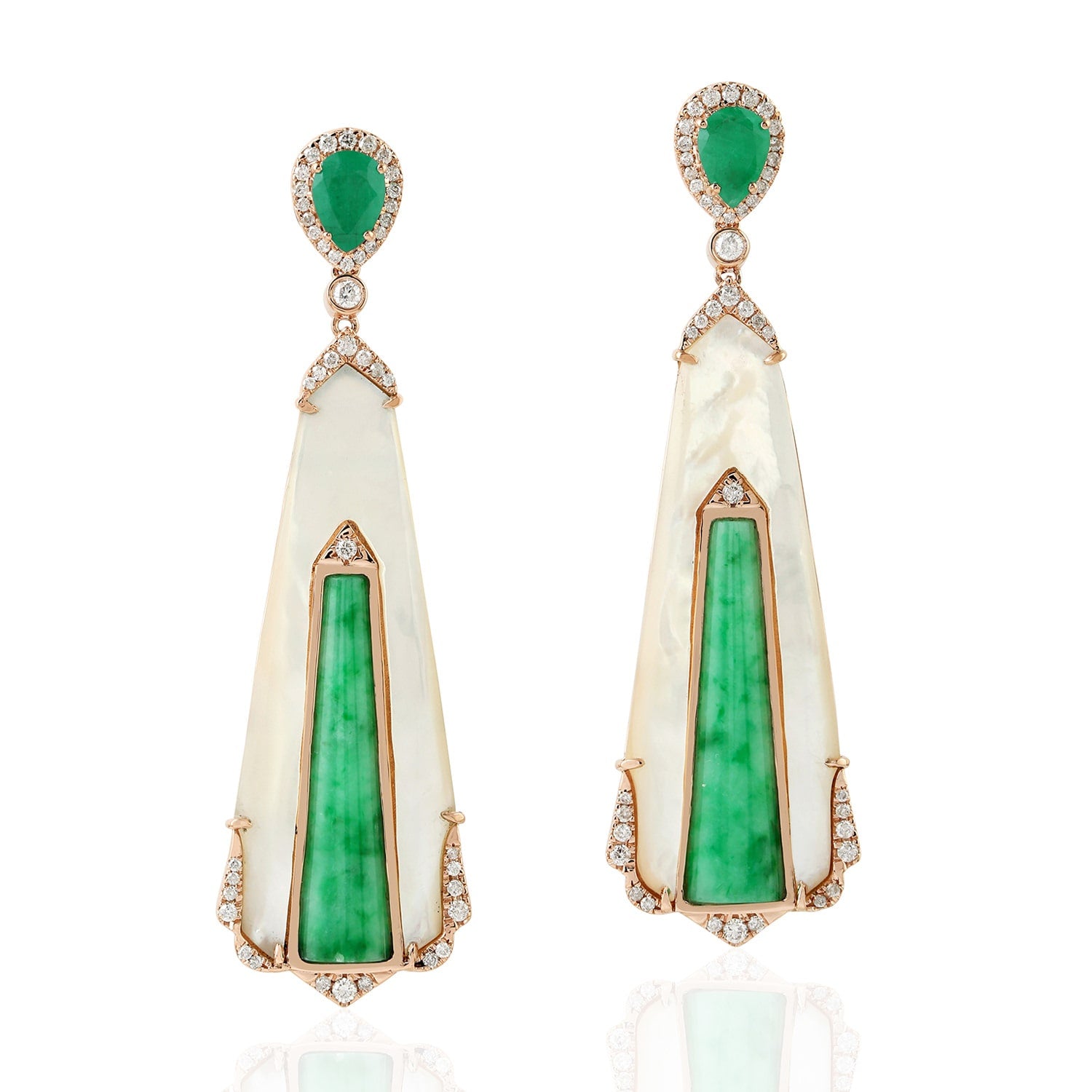 Mop & Jade Pear Cut Emerald Pave Dangle Dangle Earrings In Rose Gold