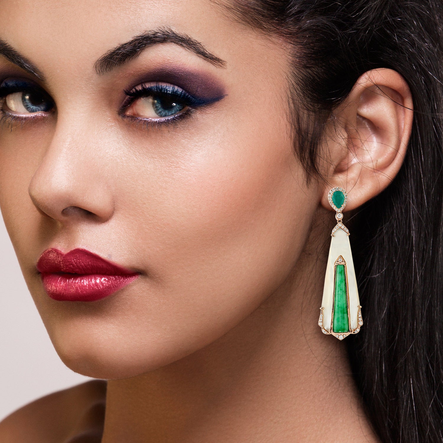 Mop & Jade Pear Cut Emerald Pave Dangle Dangle Earrings In Rose Gold