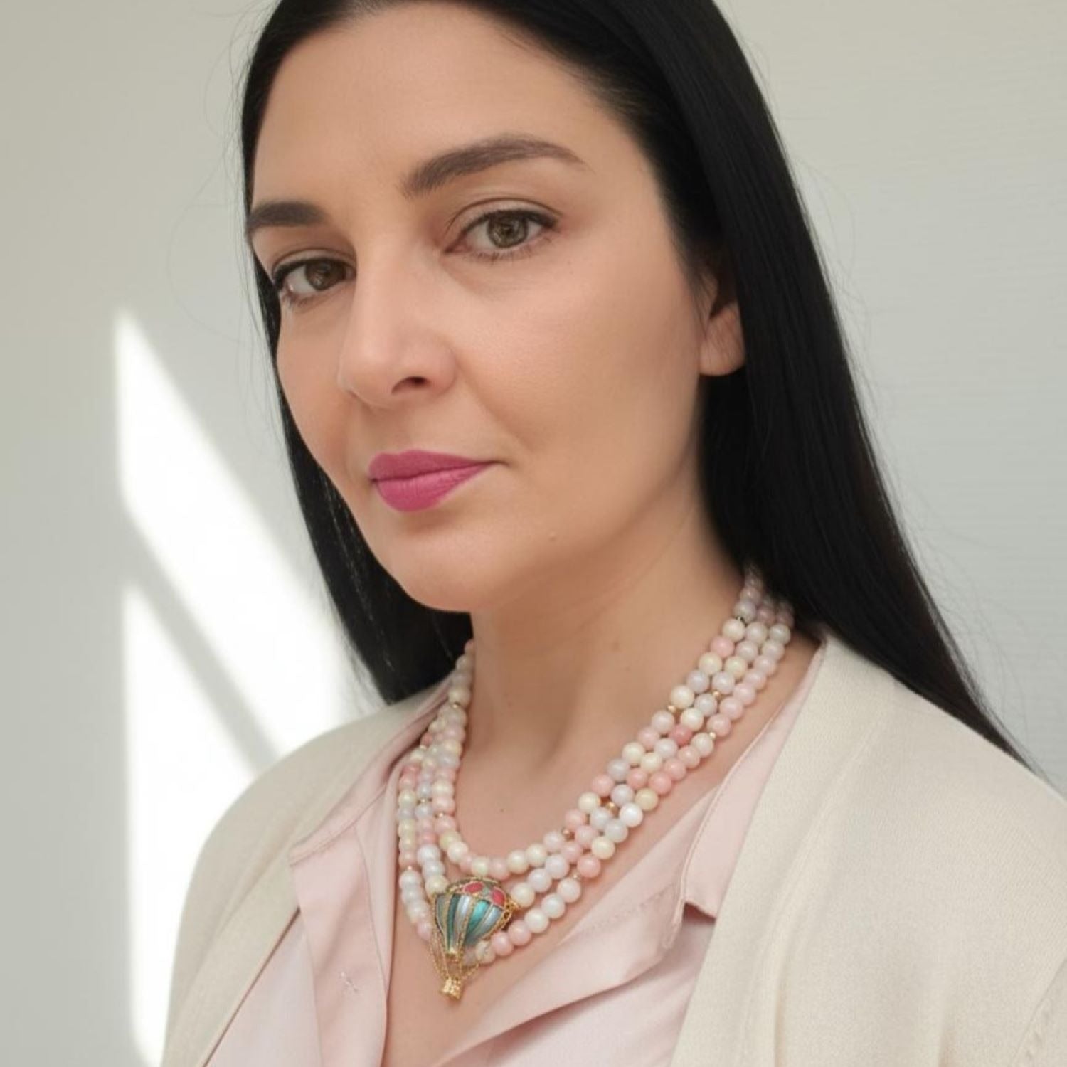 Morganite Beaded Necklace With Hot Air Balloon Brooch